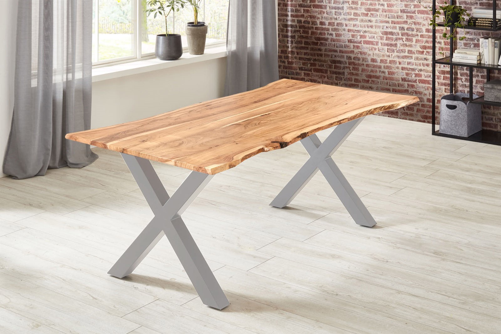 Esstisch Akazie naturfarben 160 x 85 cm X-Gestell silber YVONNE