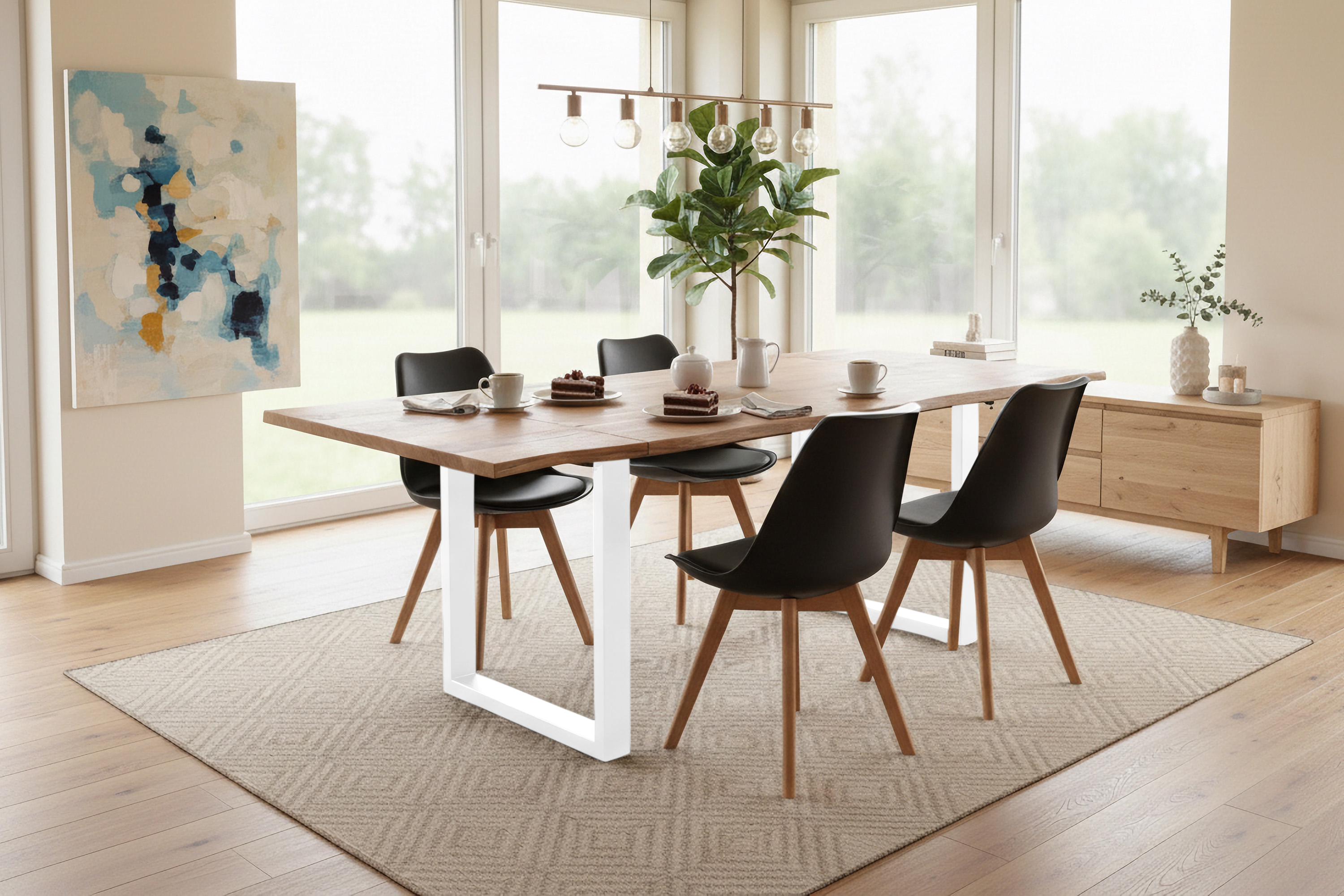 Esstisch Baumkante Akazie natur 140(220)x90 Ansteckplatten U-Gestell weiß AVINO