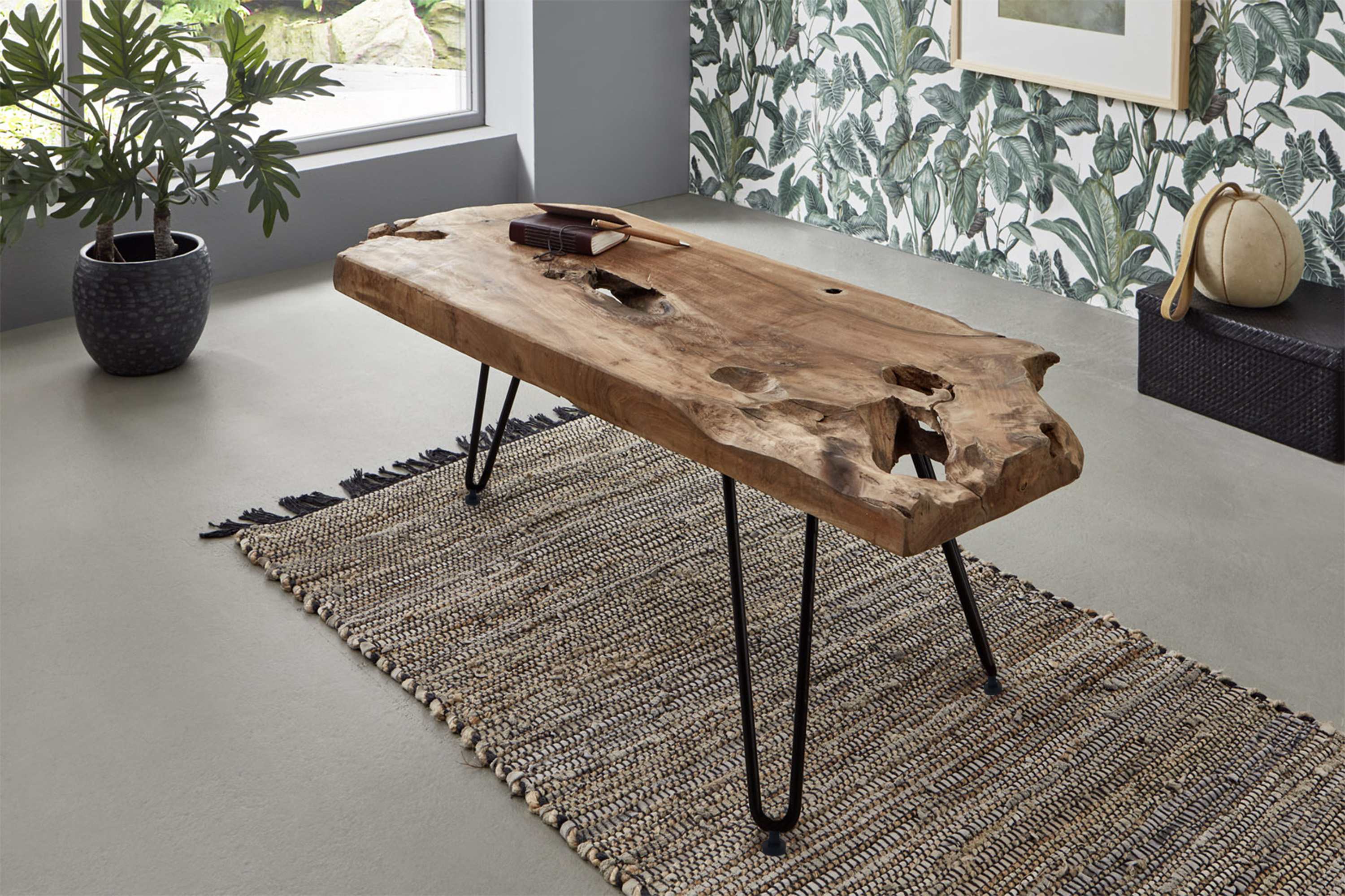 Couchtisch Beistelltisch Teakholz Hairpin-Gestell 100 x 40 x 40 cm schwarz ISANA