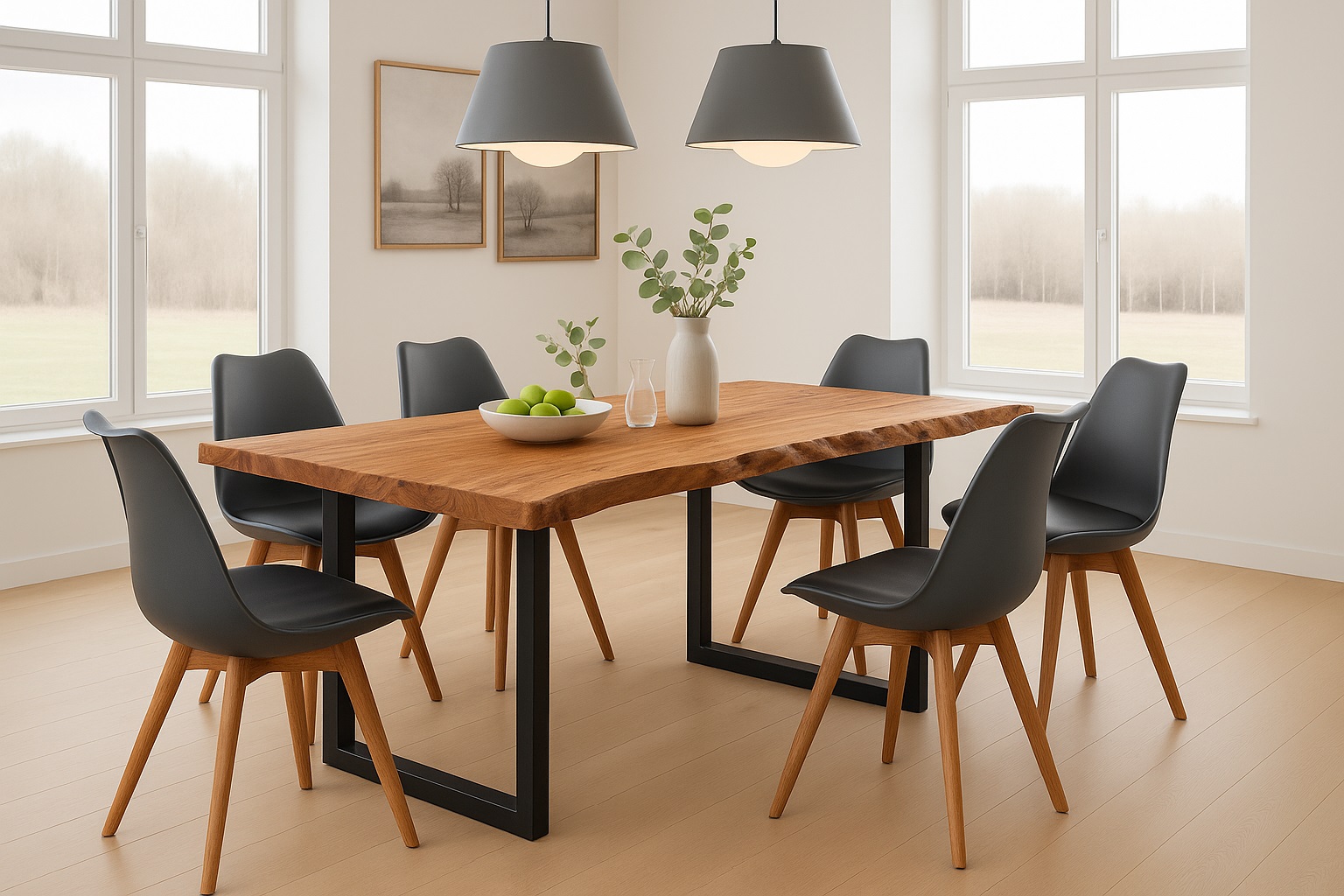 Essgruppe Baumkante massiv 200 x 100 cm Akazie naturfarben U-Gestell schwarz & 6 Stühle schwarz QUINN