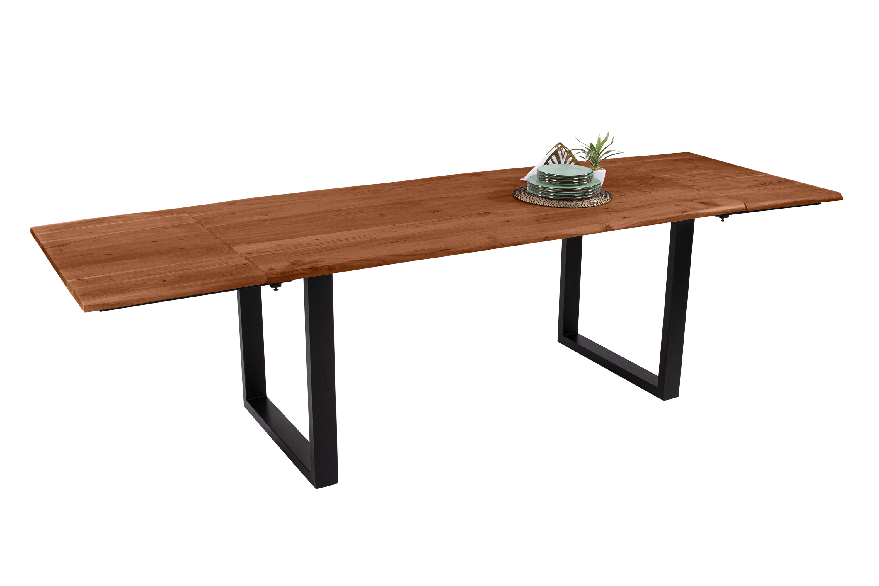 Esstisch Baumkante Akazie nuss 180(280)x90 Ansteckplatten U-Gestell schwarz AVINO