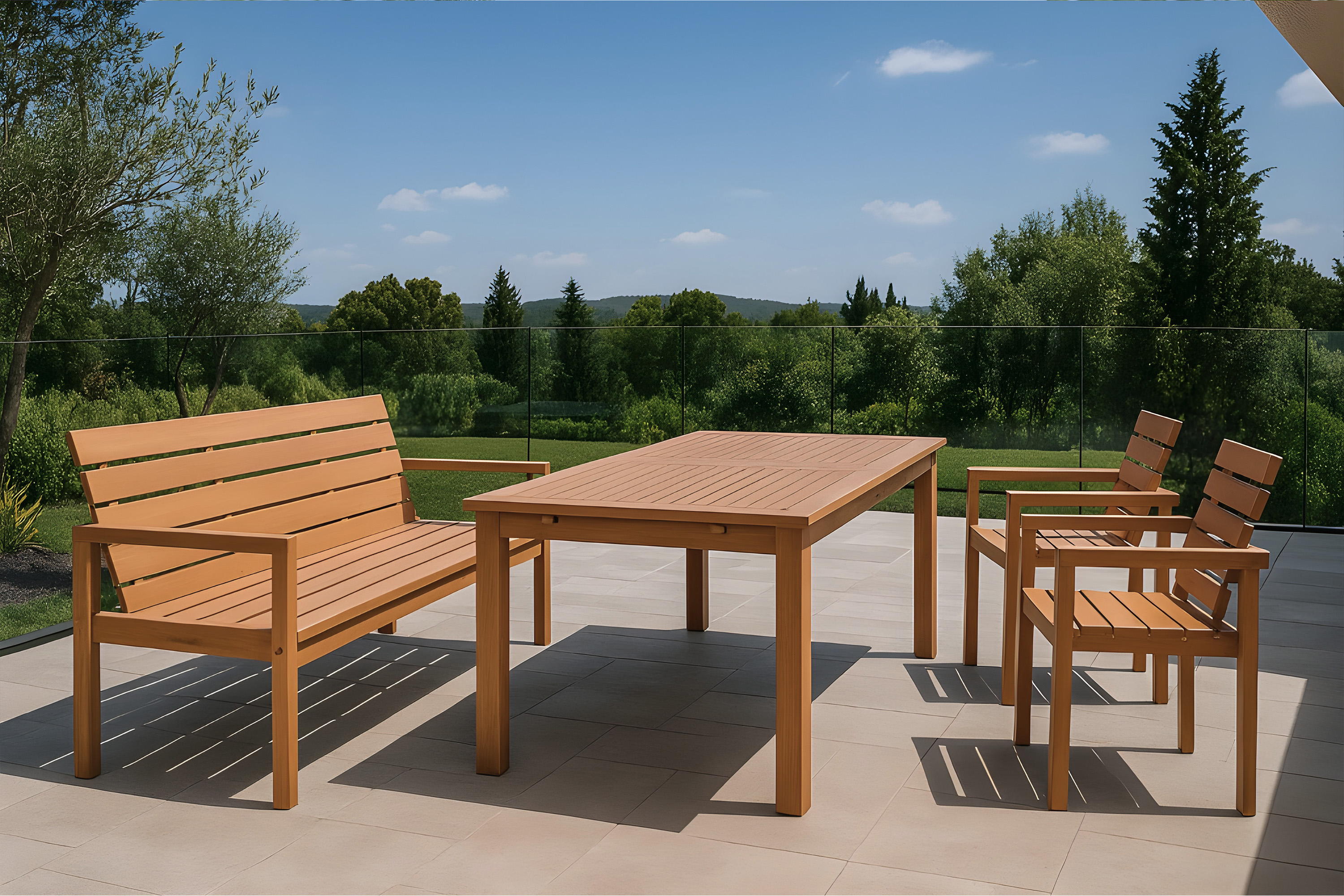 Gartengruppe 4tlg Gartentisch Teak 180 x 100 cm mit Gartenbank & 2 Stühlen FREETOWN
