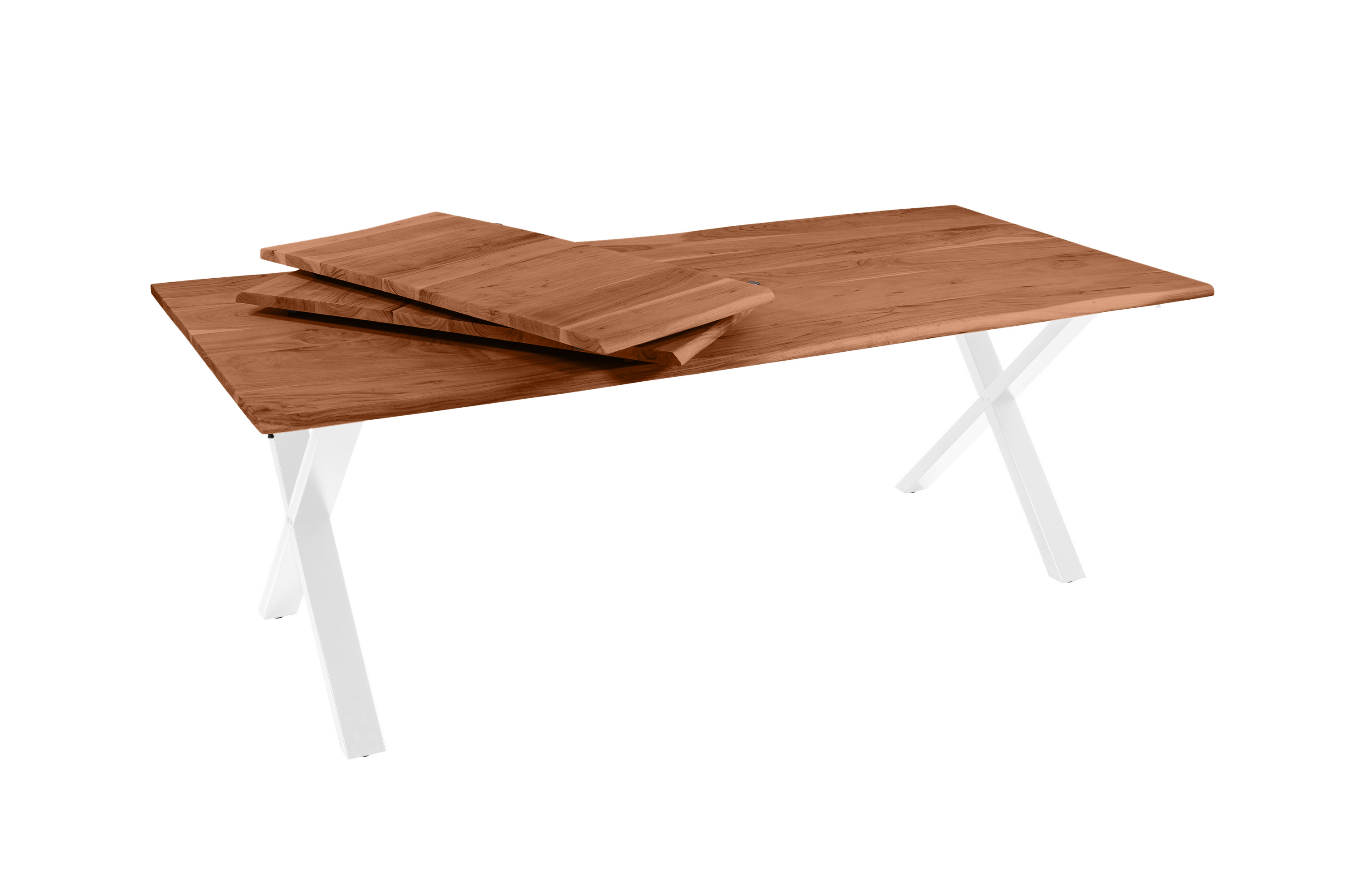 Esstisch Baumkante Akazie nuss 200(300)x100 Ansteckplatten X-Gestell weiß AVINO
