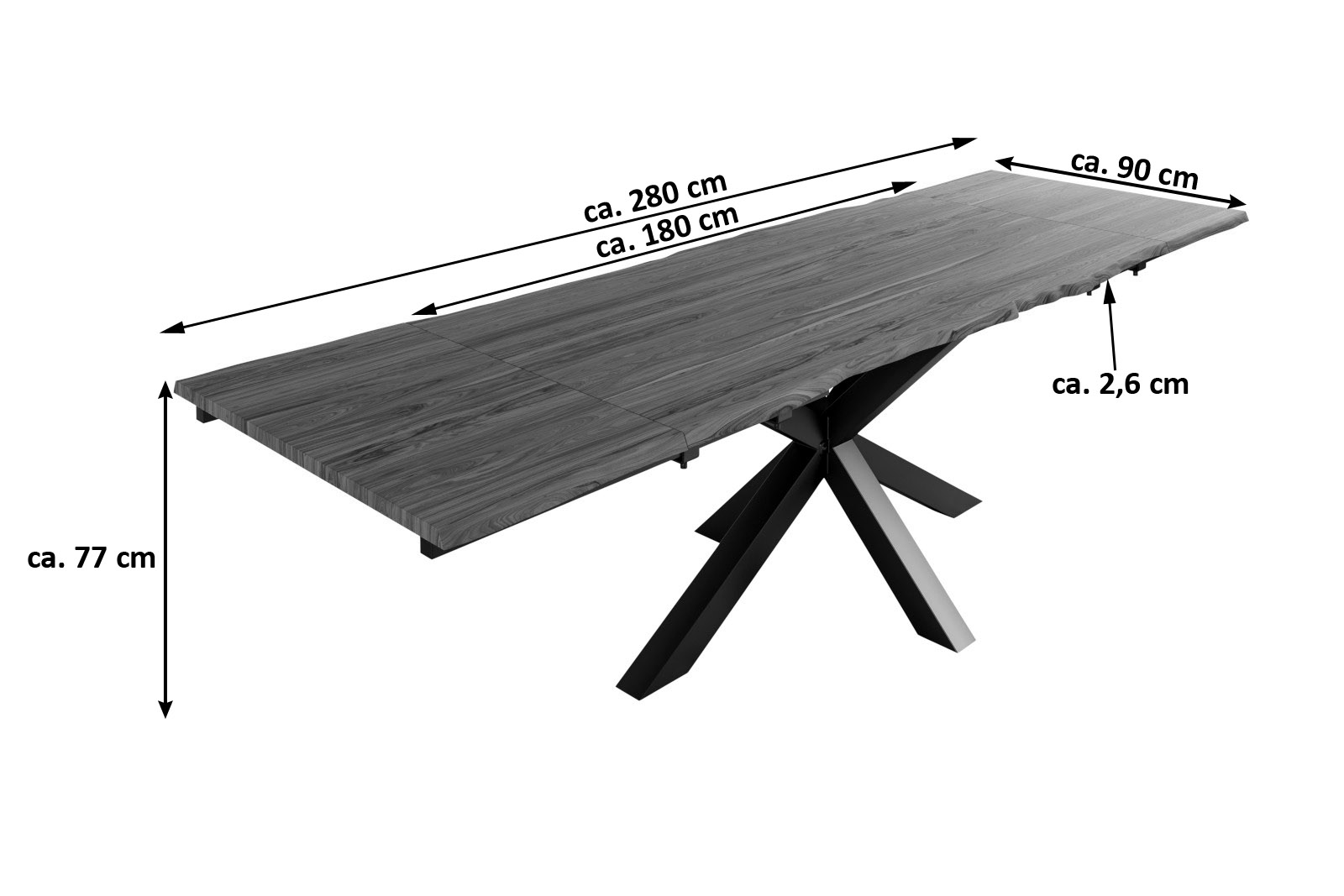 Baumkantentisch Akazie nougatfarben 180(280)x90 cm Ansteckplatten Spider-Gestell schwarz JANNIK Baumkantentisch Akazie nougatfarben 180(280)x90 cm Ansteckplatten Spider-Gestell schwarz JANNIK
