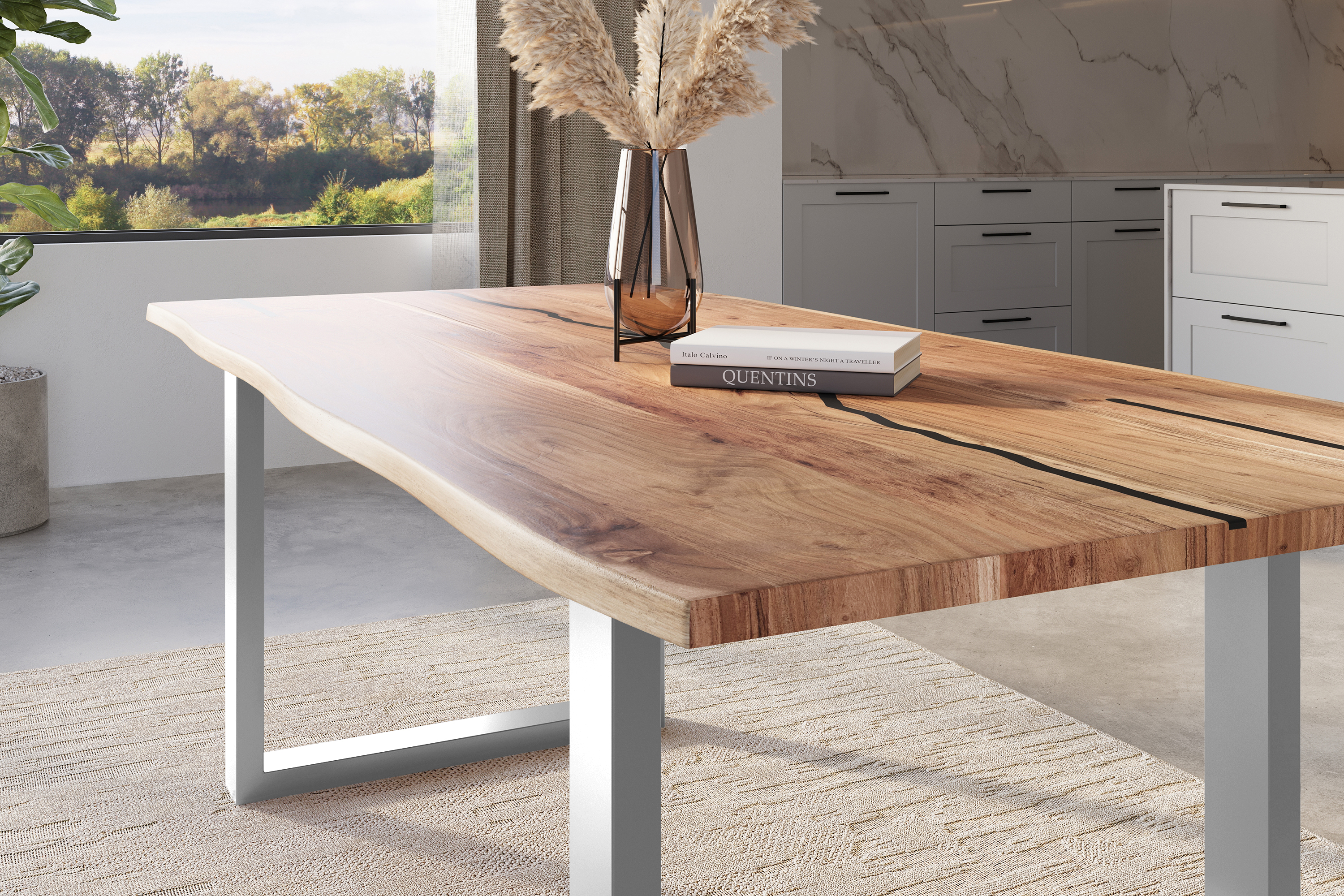 Baumkantentisch Akazie mit schwarzen Resin-Adern naturfarben 220 x 100 cm U-Gestell silber POLLY