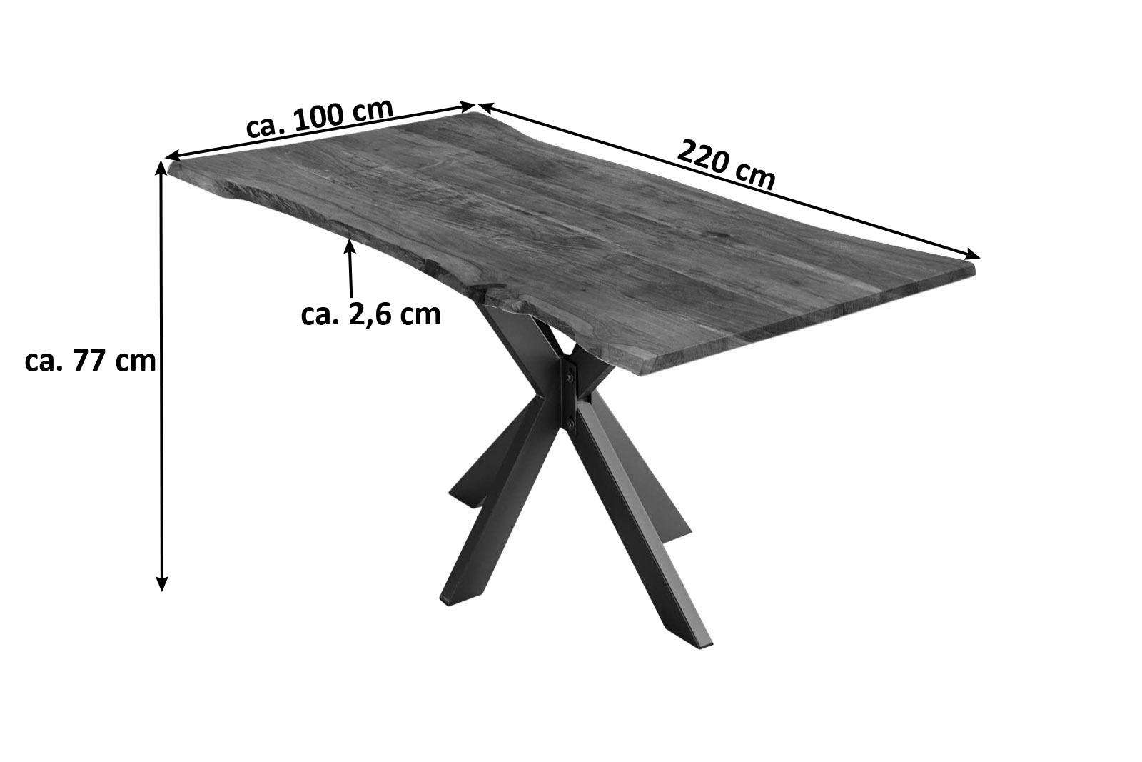 Esstisch Baumkante massiv Akazie nussbaum 220 cm Spider-Gestell schwarz HELENE