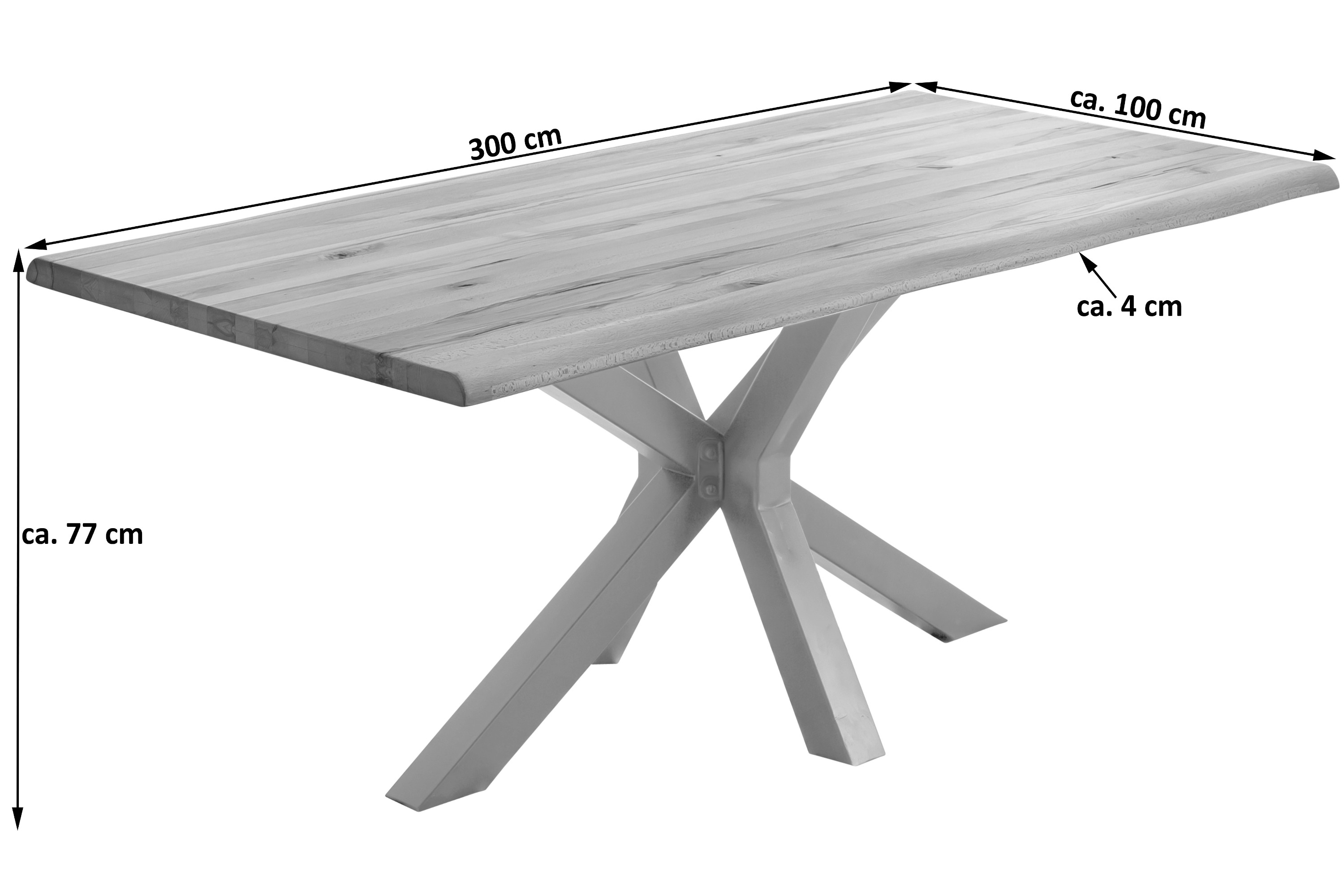 Esstisch Baumkante Massiv Wildbuche 300 x 100 silber Spider-Gestell Riga