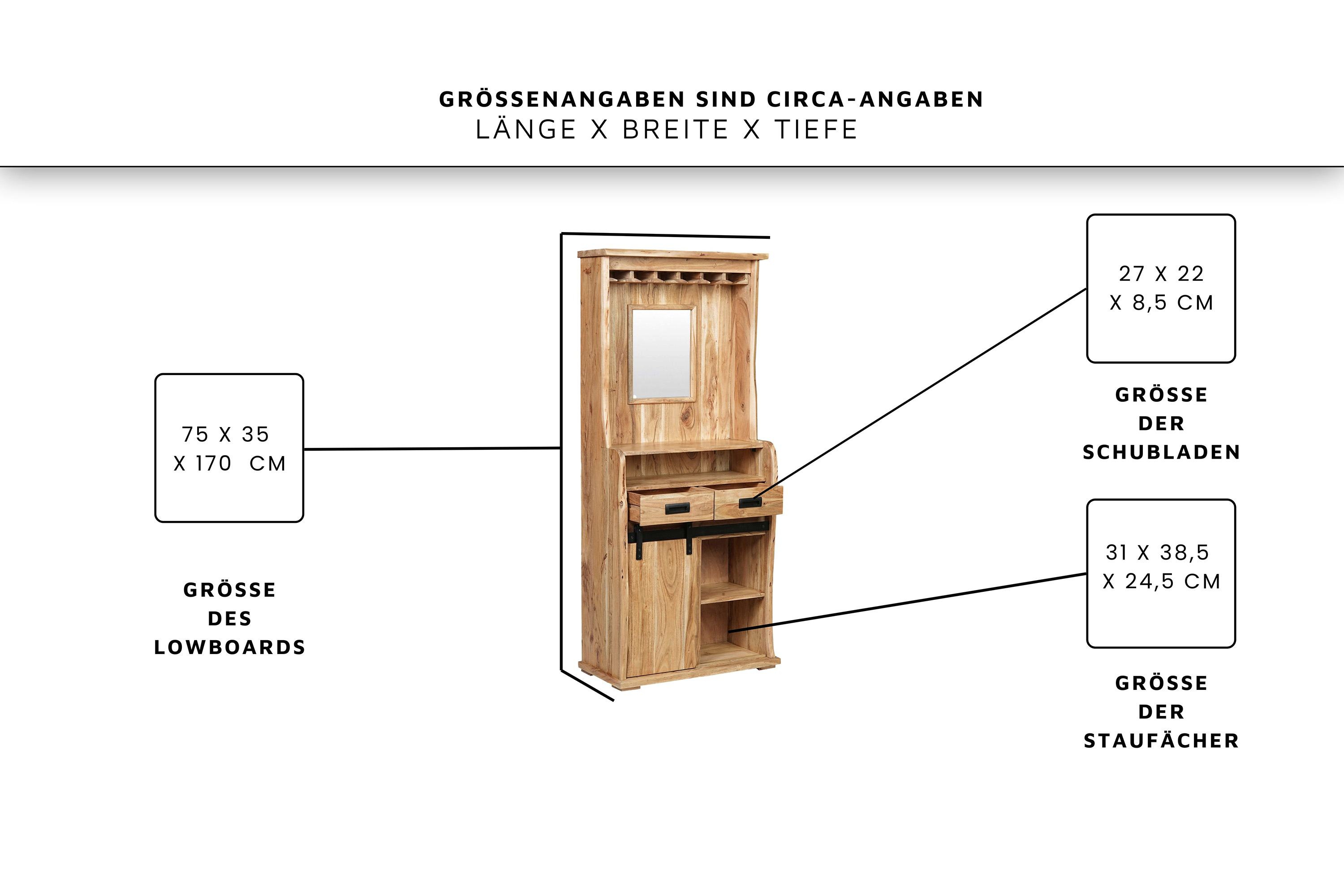 Weinschrank Baumkante 75 x 35 x 170 cm Akazienholz massiv naturfarben LIAN I