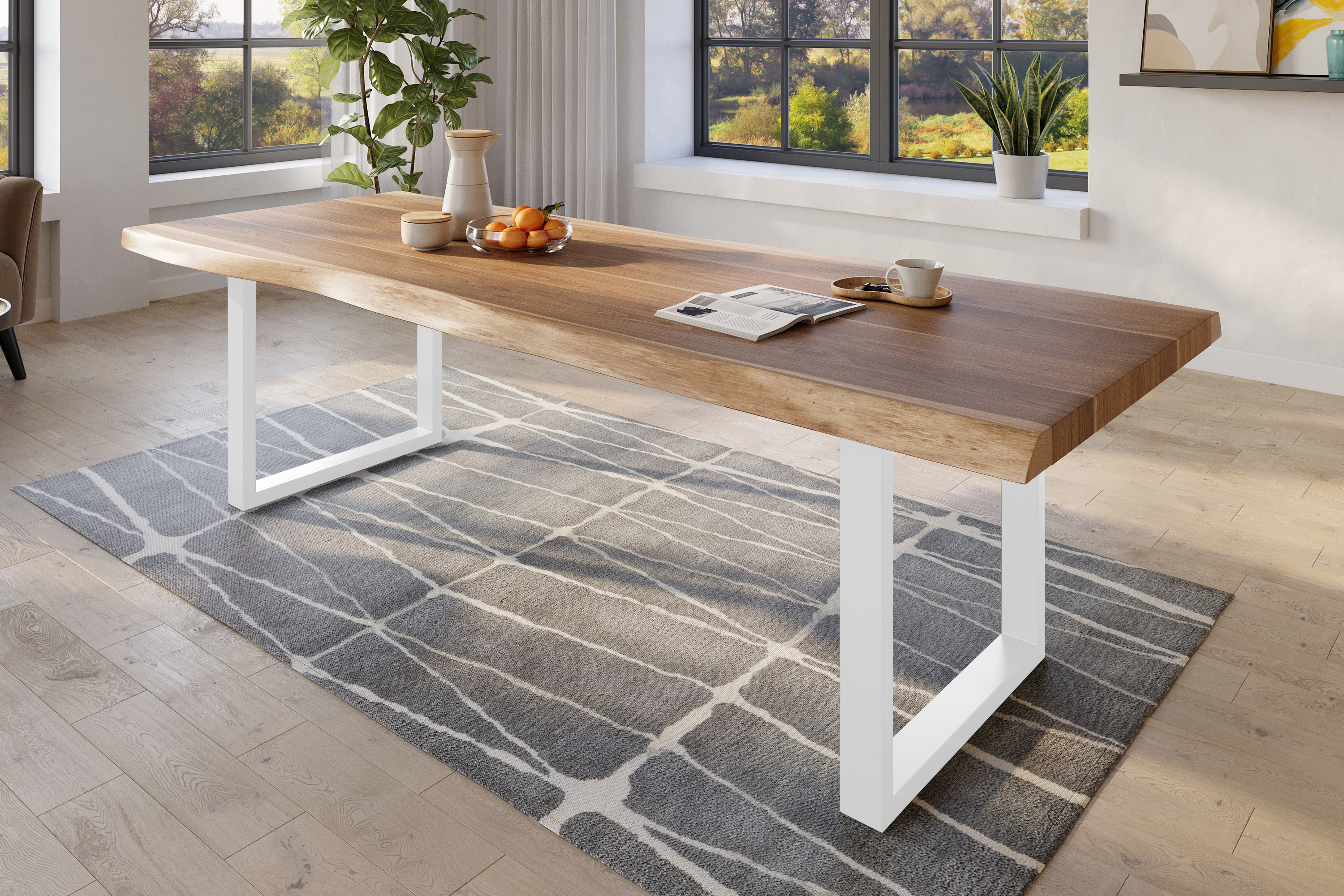 Esstisch Baumkante massiv Akazie natur 300 x 120 U-Gestell Metall weiß TITAN