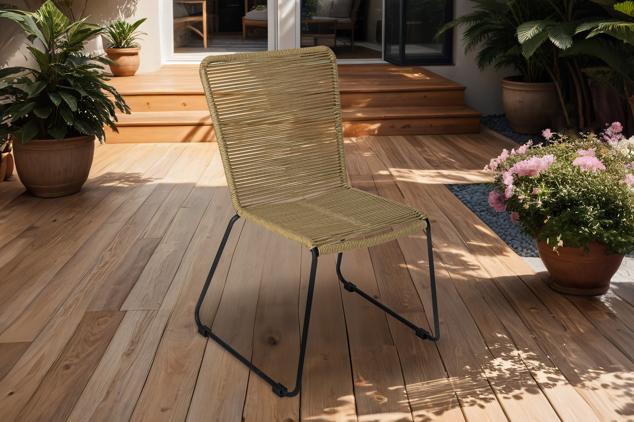 Gartenstuhl Outdoor-Seilstuhl Farbe Taupe mit Eisen-Gestell in schwarz ISRA