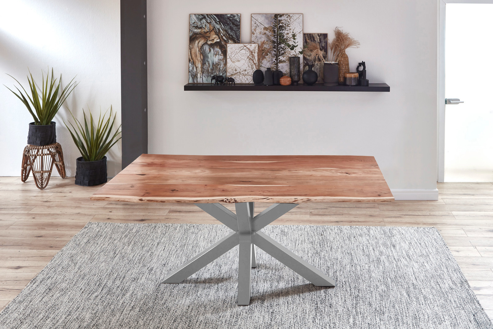  Esstisch Baumkante massiv Akazie natur 120 cm Spider-Gestell silber QUINCY