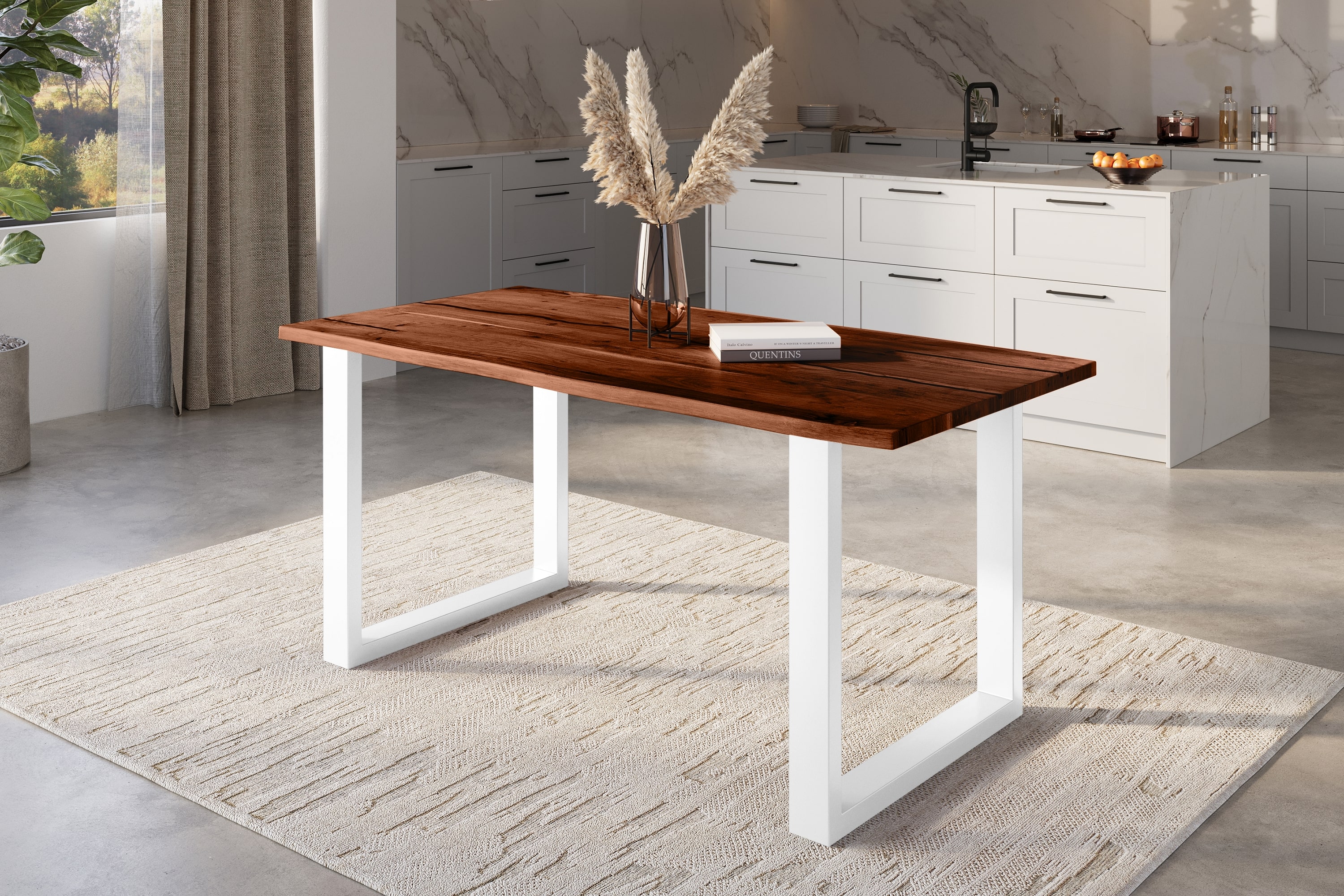 Baumkantentisch Akazie mit schwarzen Resin-Adern nussbaumfarben 180 x 90 cm U-Gestell weiß POLLY
