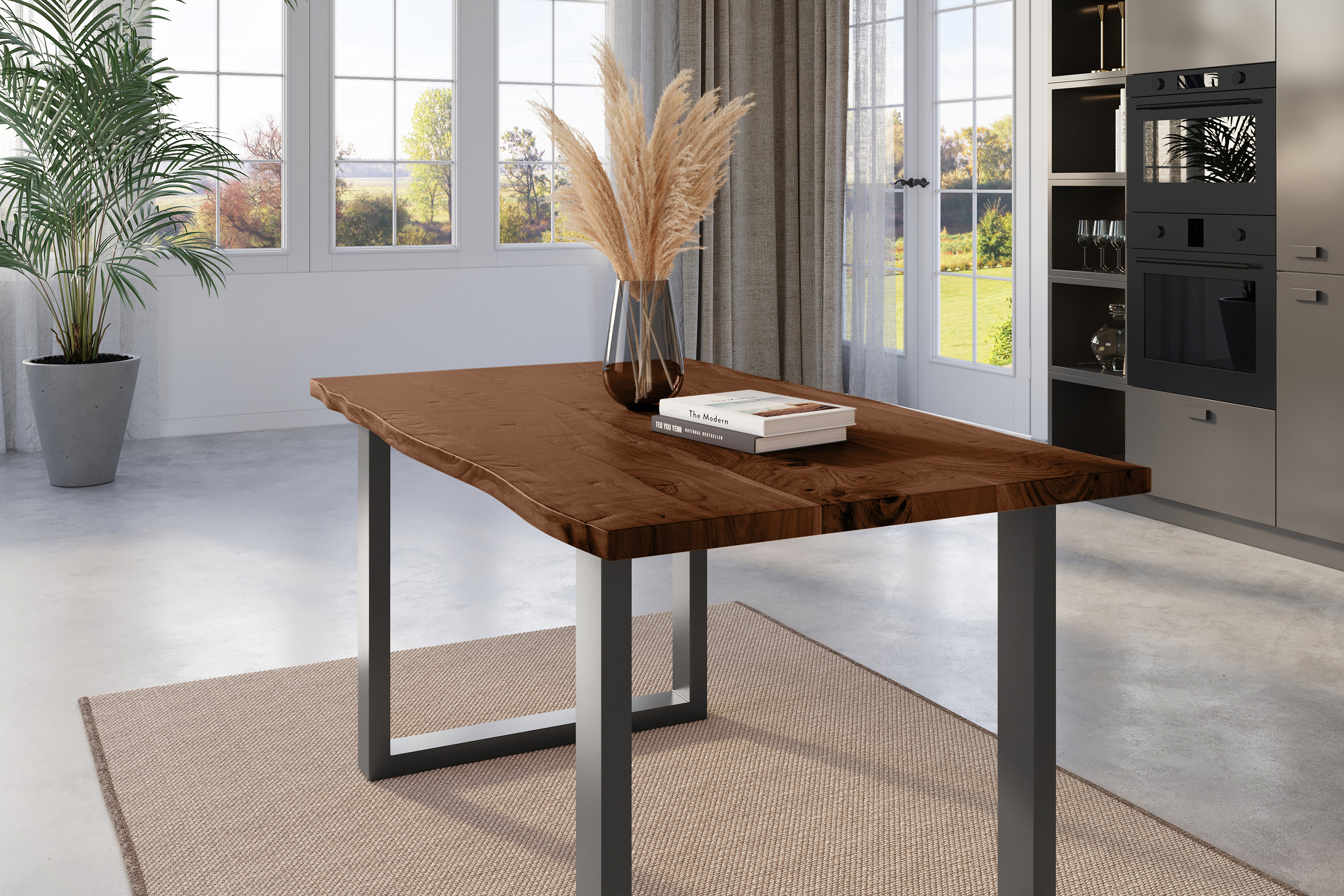 Esstisch Baumkante massiv Akazie nussbaum 160 x 85 U-Gestell schwarz NICK