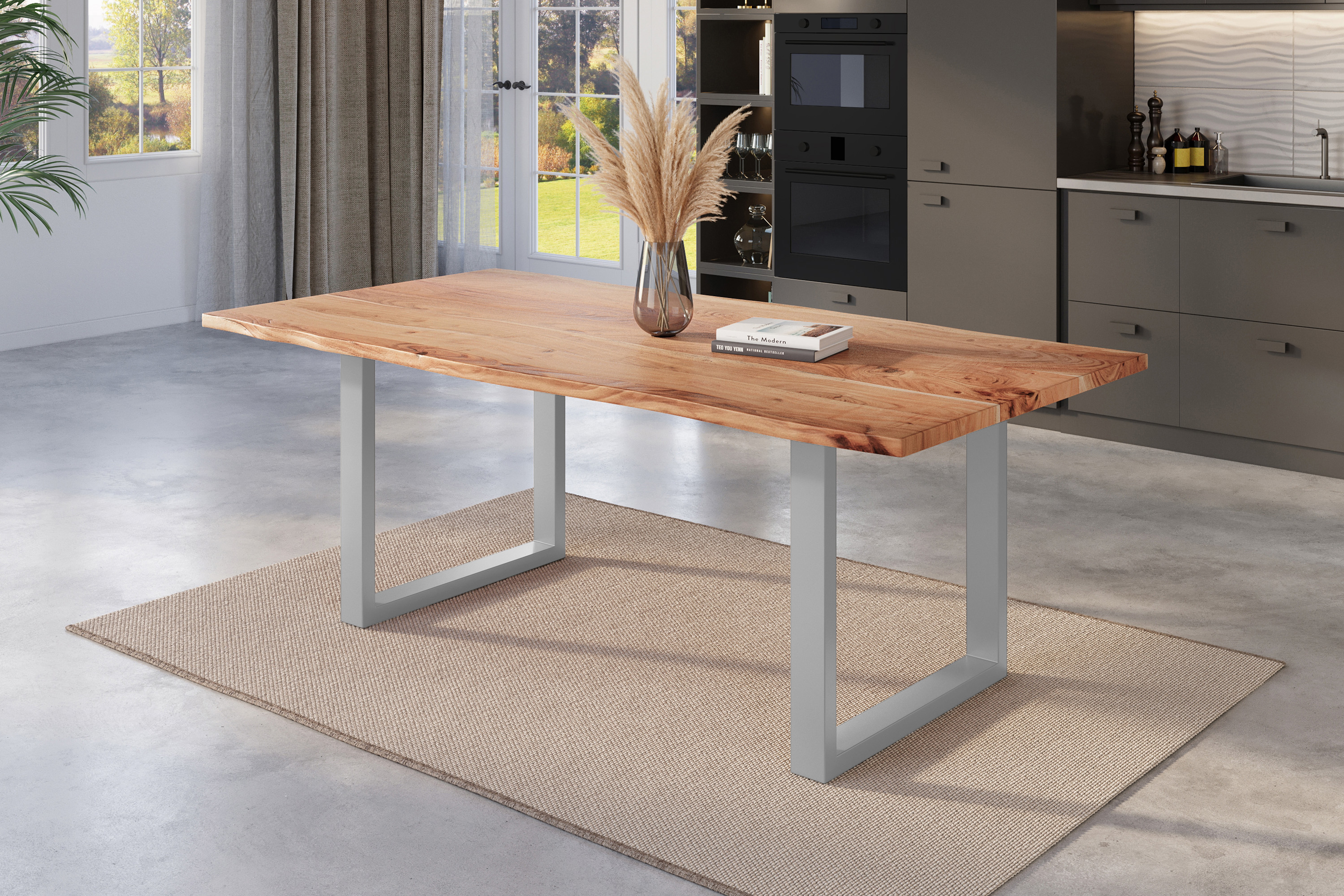 Esstisch Baumkante massiv Akazie natur 220 x 100 U-Gestell silber NICK