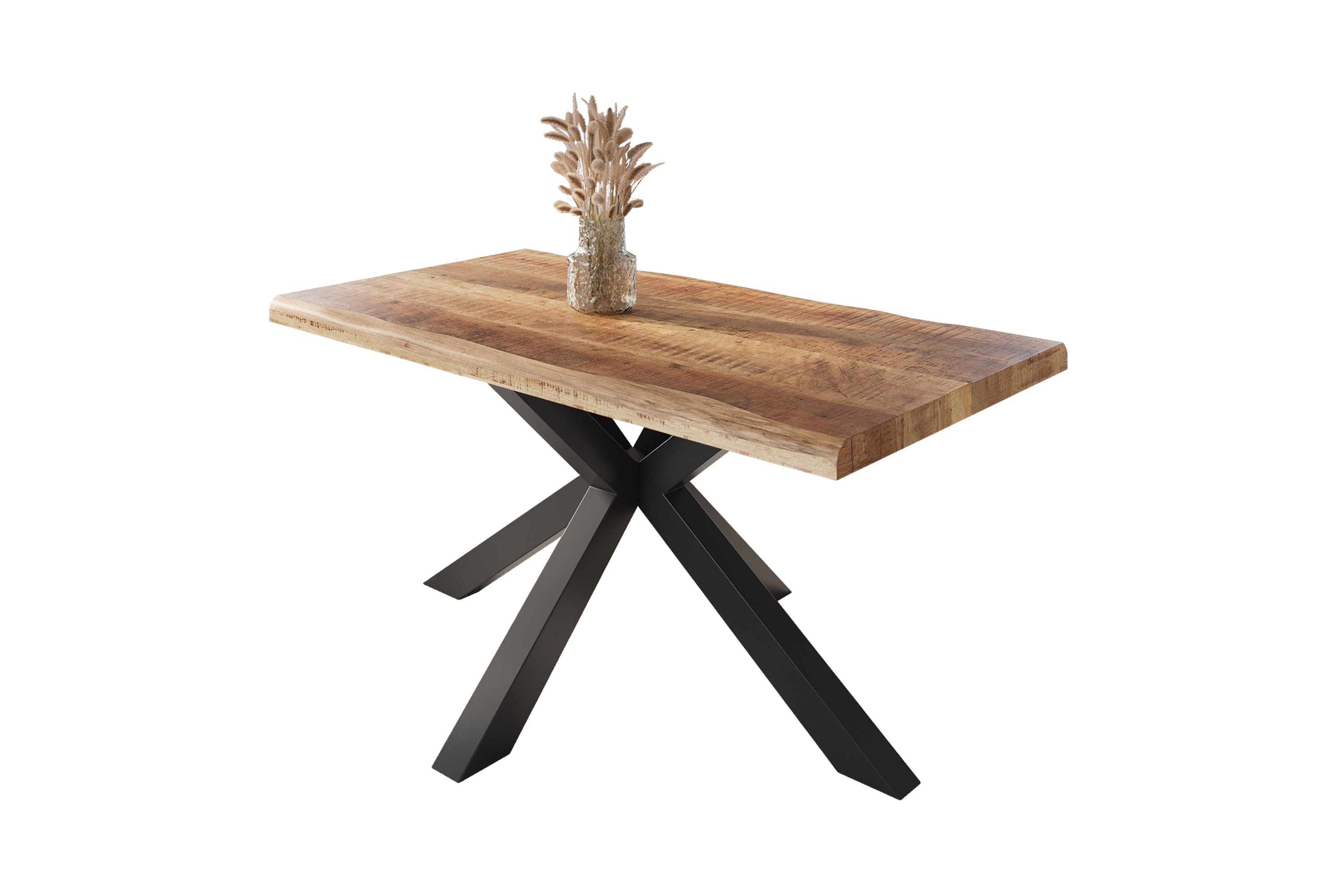 Esstisch Baumkante massiv Mango rough 120 x 80 Spider-Gestell schwarz ATLAS
