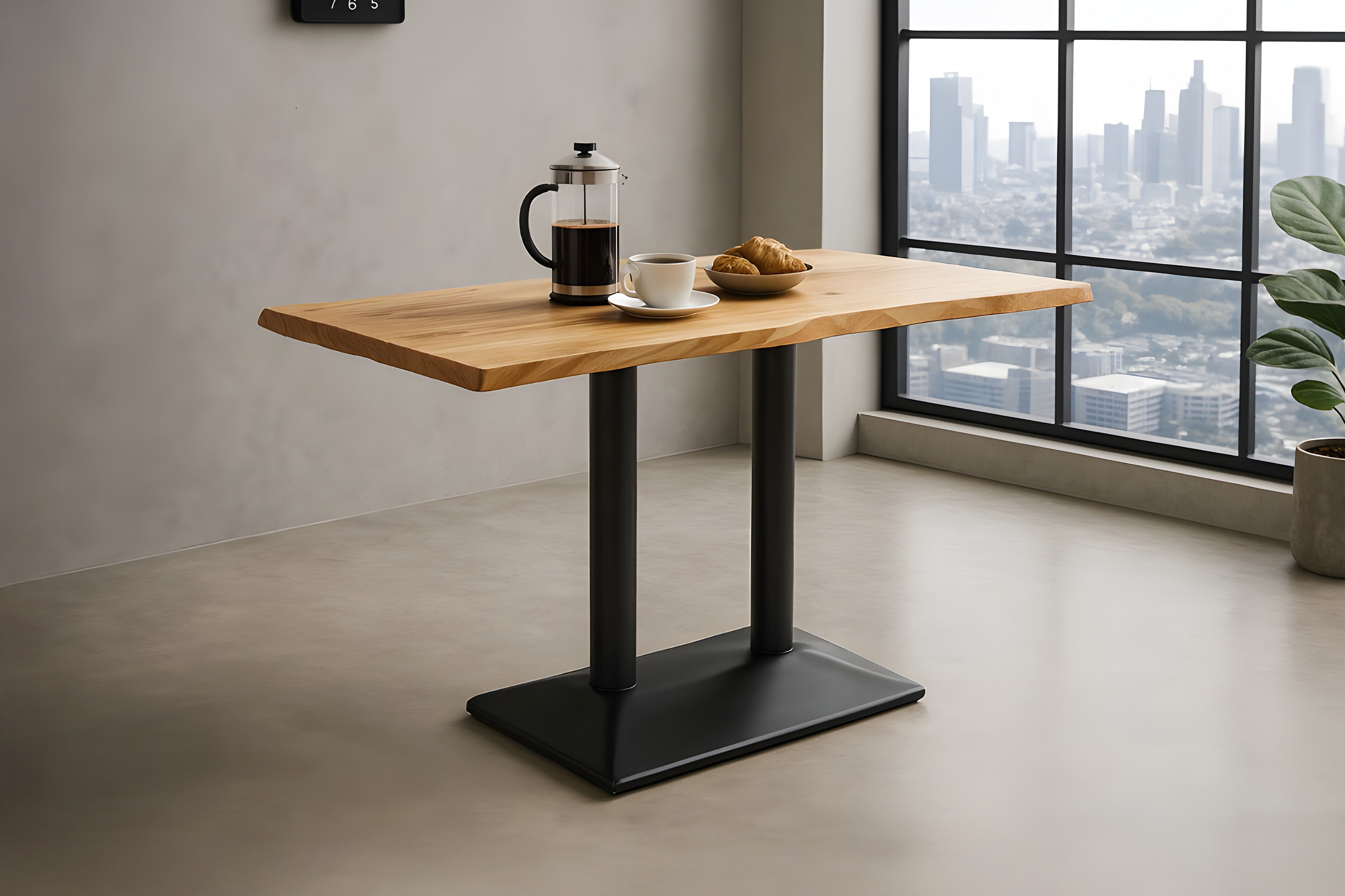 Bistrotisch Baumkante massiv 120 x 60 cm Akazie naturfarben Doppelsäulengestell schwarz ISLA