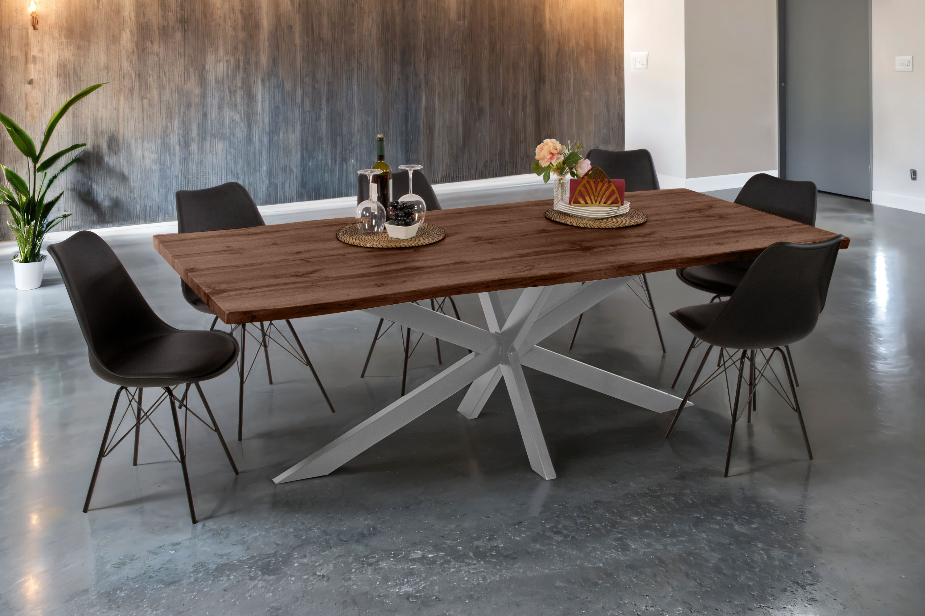 Esstisch Baumkante Holz-Optik Nussbaum 220 x 100 Spider-Gestell silber JOSY