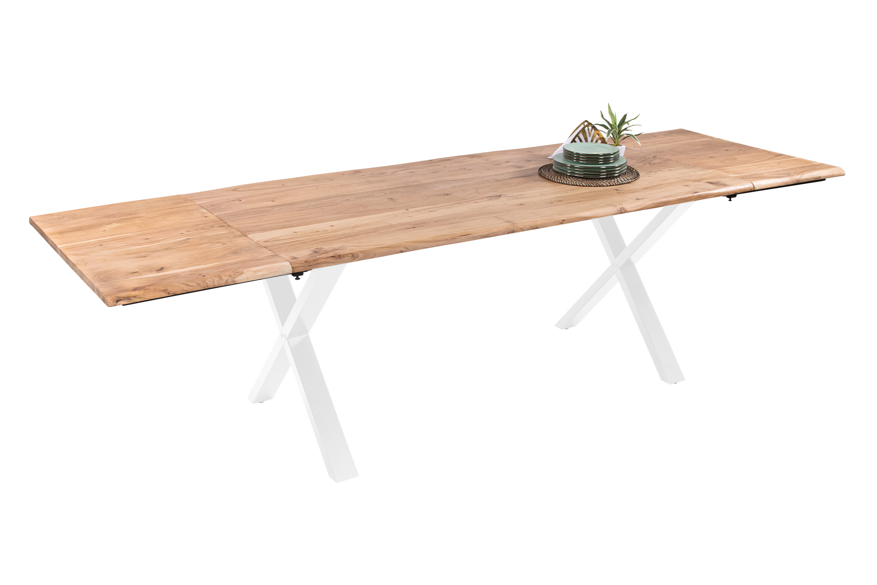 Esstisch Baumkante Akazie natur 180(280)x90 Ansteckplatten X-Gestell weiß AVINO