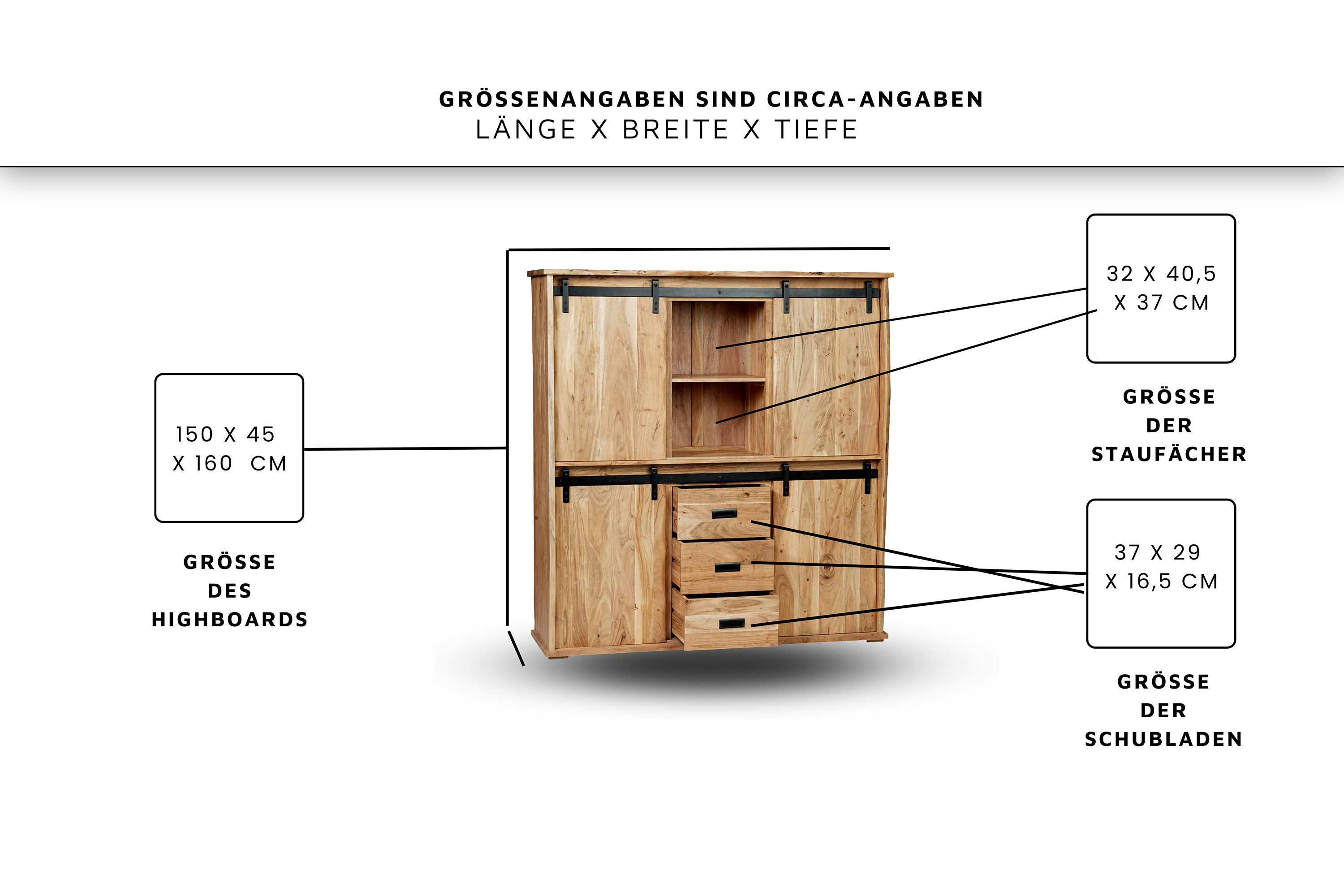 Highboard Baumkante 150 x 160 x 45 cm Akazienholz massiv naturfarben LIAN I