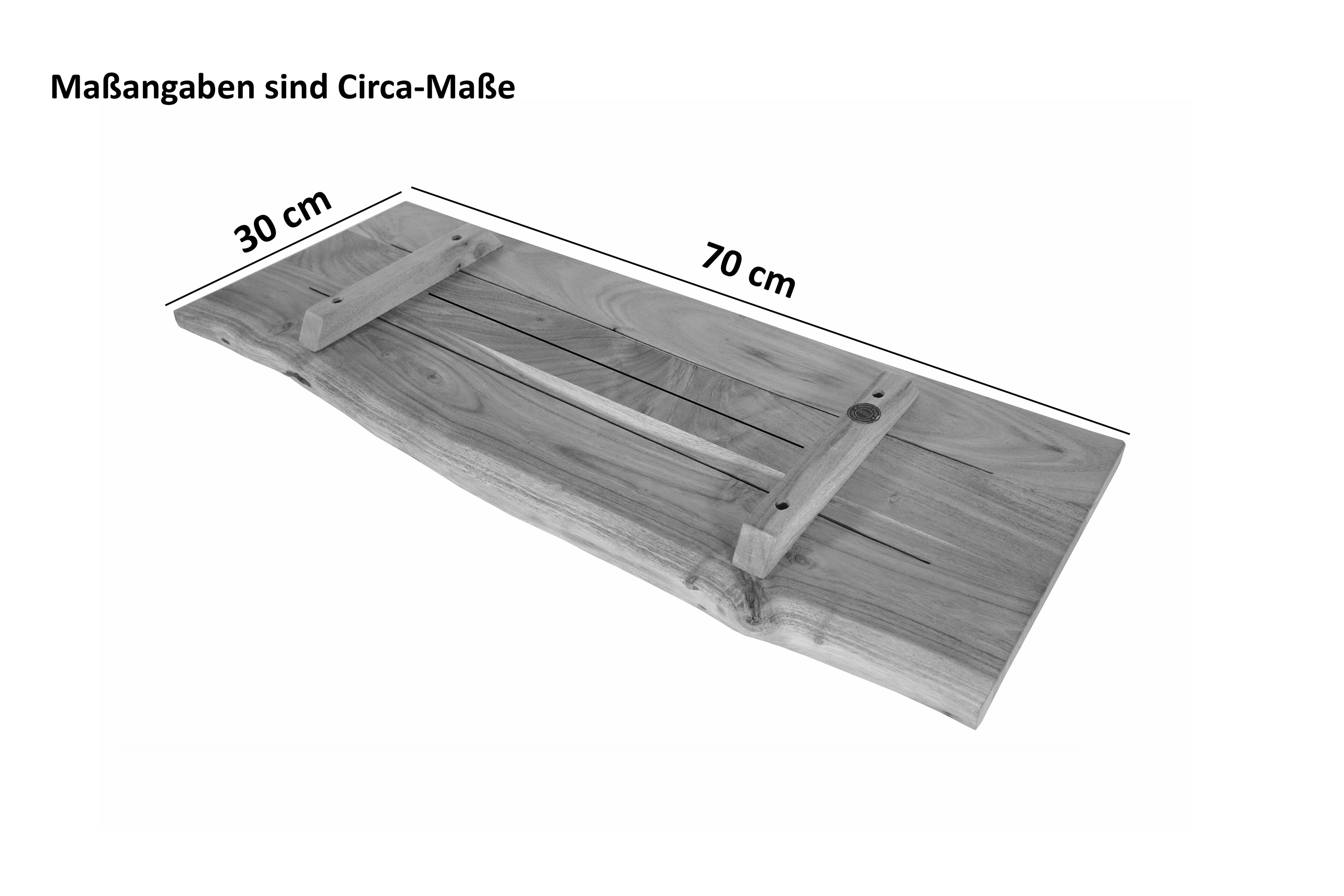 Holzplatte Arya mit echter Baumkante (einseitig), 70 x 30 cm, Akazienholz naturfarben, massiv & lackiert
