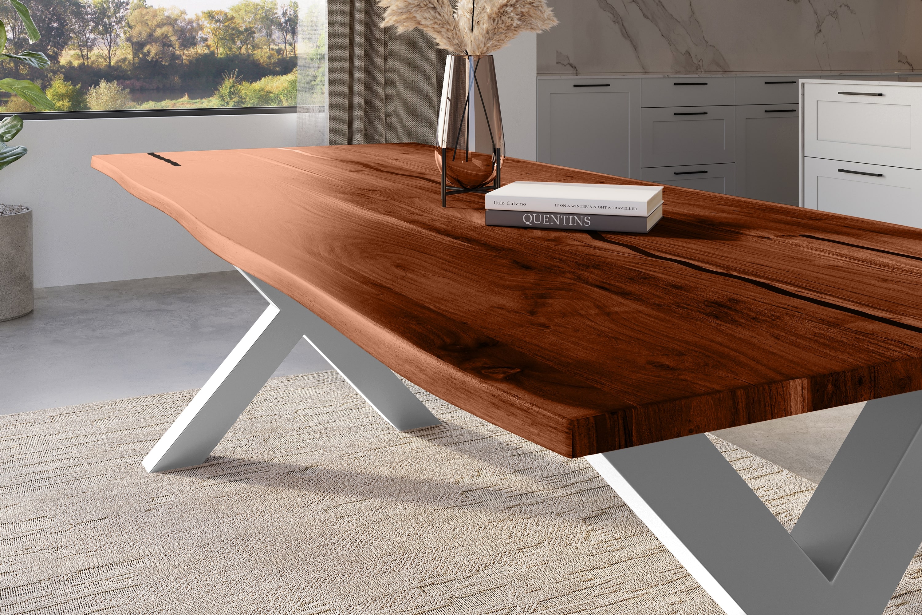 Baumkantentisch Akazie mit schwarzen Resin-Adern nussbaumfarben 280 x 100 cm X-Gestell silber POLLY