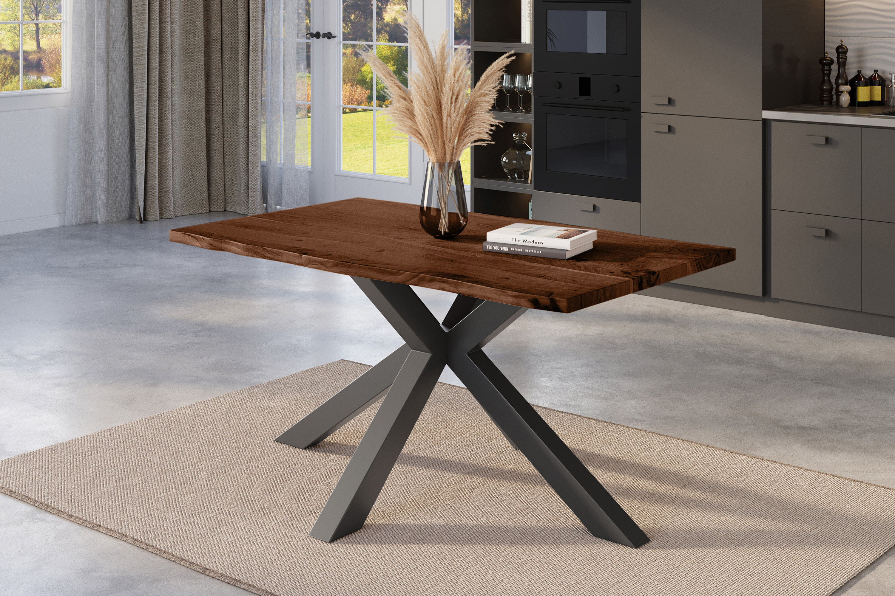 Esstisch Baumkante massiv Akazie nussbaum 140 x 80 cm Spider-Gestell schwarz Kalea