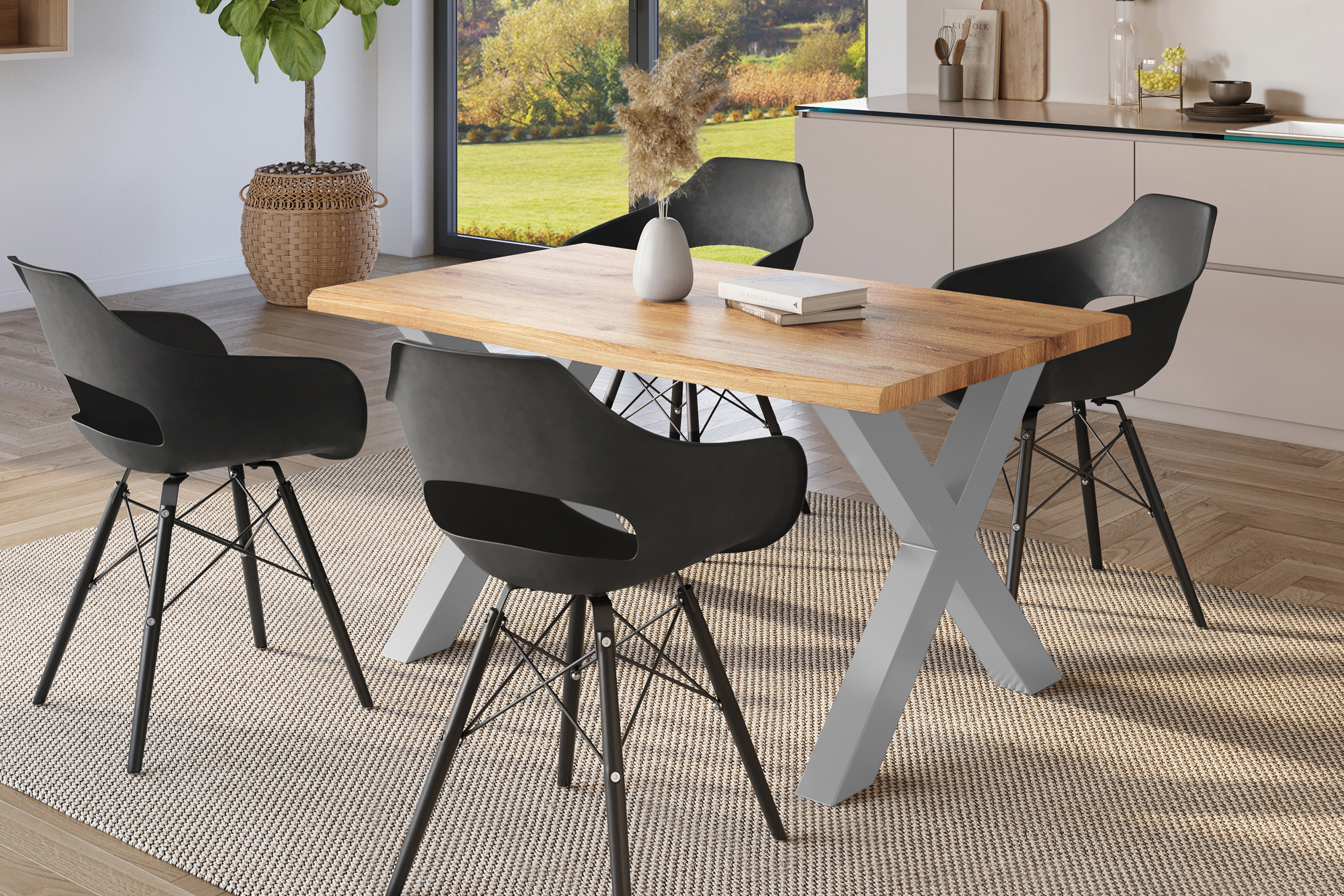 Esstisch Baumkante Holz-Optik Wildeiche 120 x 80 X-Gestell silber JULIUS