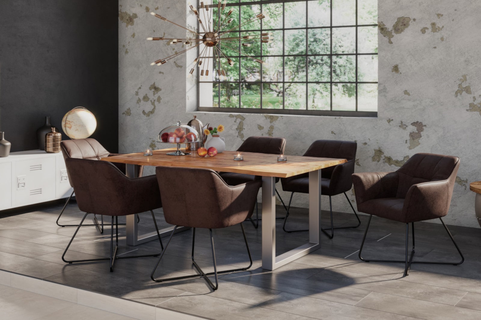 Essgruppe 140 cm Mango naturfarben U-Gestell silber mit 6 Stühlen DORA