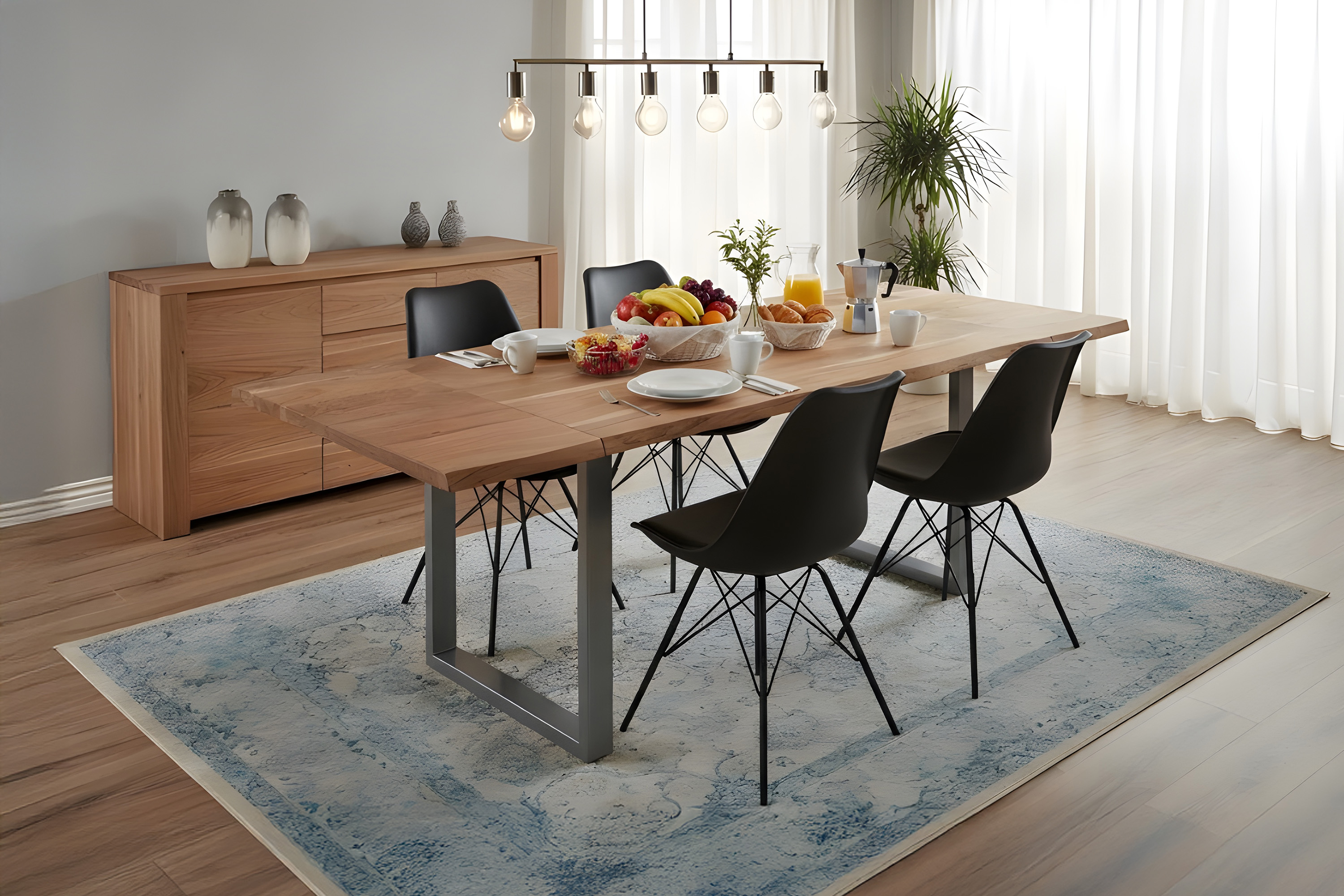 Esstisch Baumkante Akazie natur 140(220)x90 Ansteckplatten silber ADINA