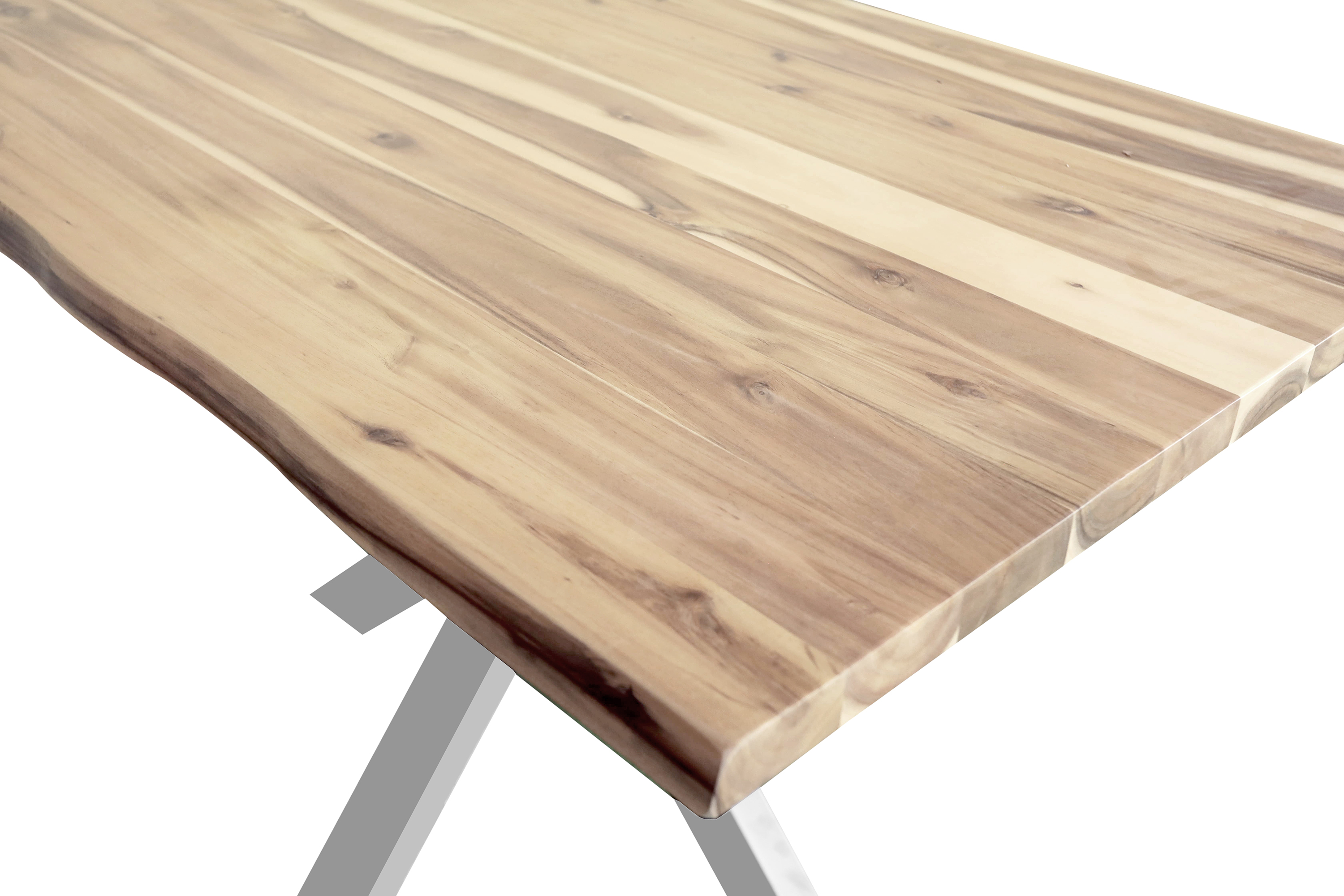 Esstisch Baumkante Akazie naturfarben 140 x 80 cm Spider-Gestell silber HARLEY
