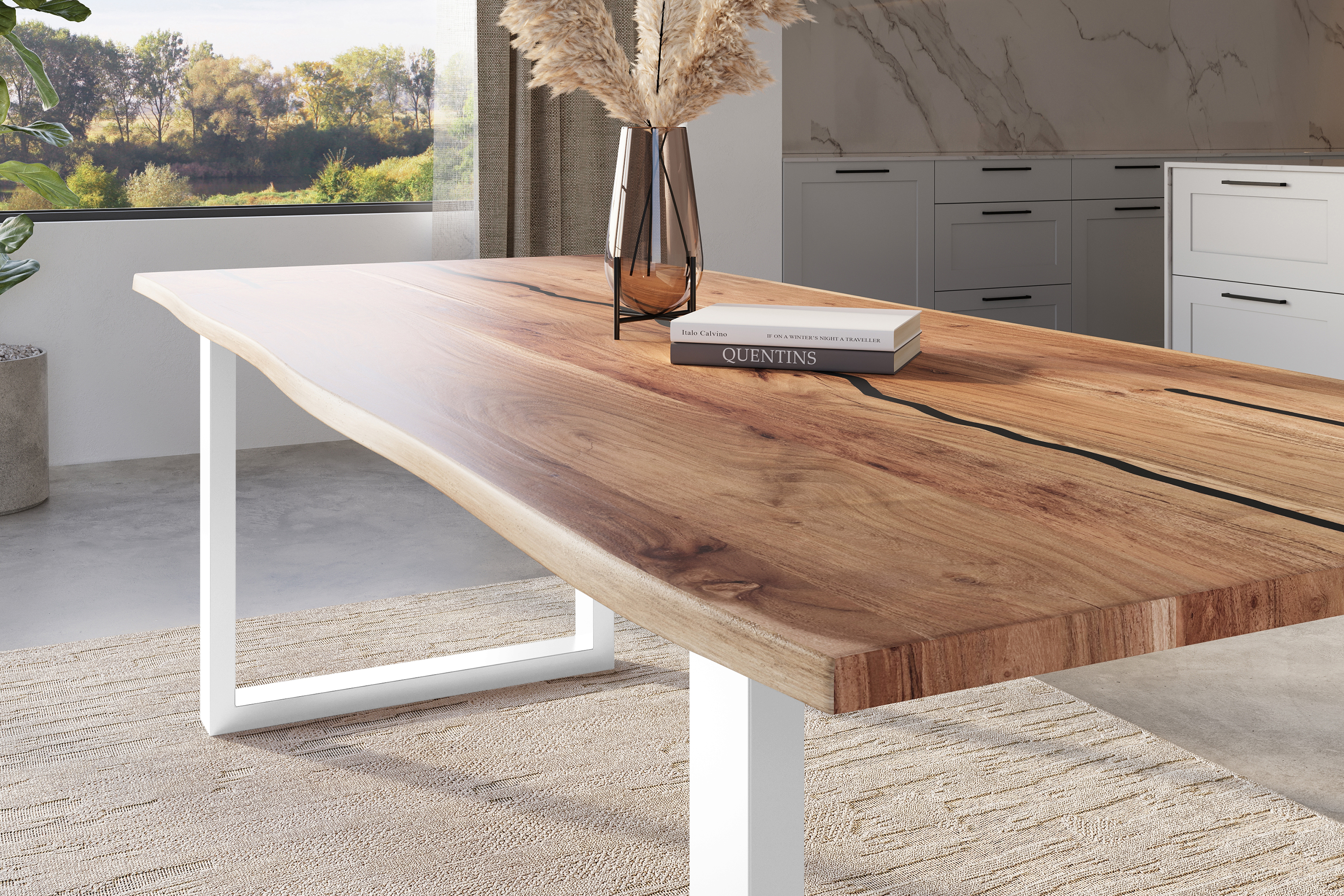 Baumkantentisch Akazie mit schwarzen Resin-Adern naturfarben 260 x 100 cm U-Gestell weiß POLLY