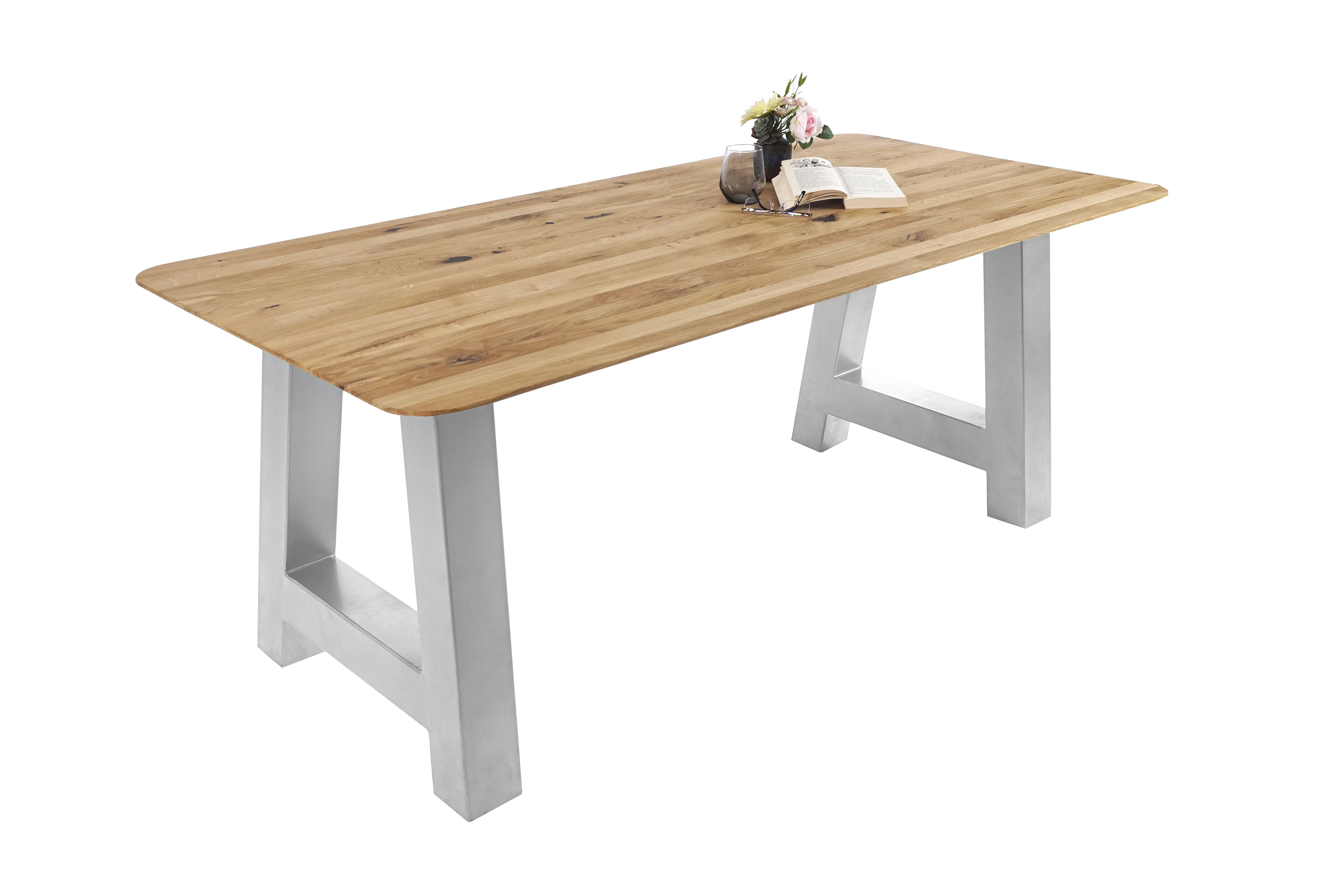 Esszimmertisch Schweizer Kante rund massiv & geölt Eiche 160x85 silber A-Gestell Lotte