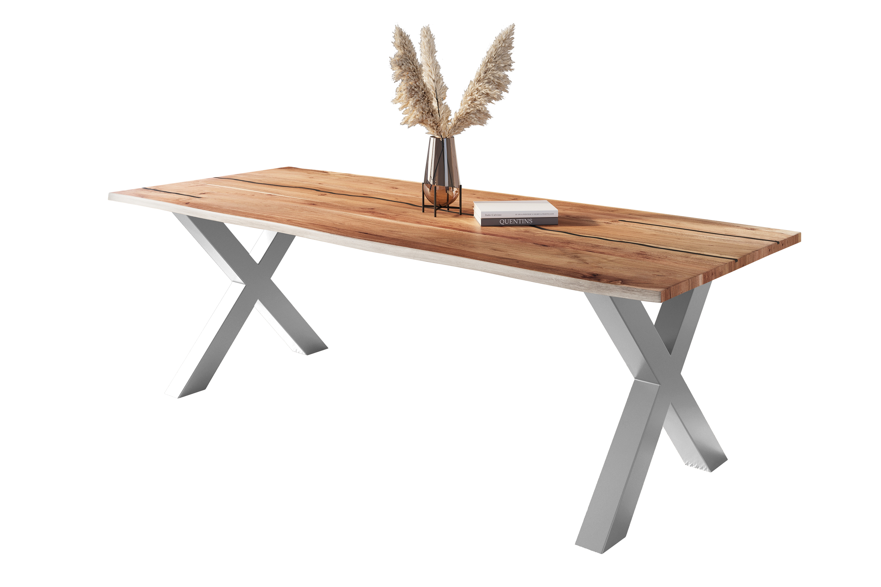 Baumkantentisch Akazie mit schwarzen Resin-Adern naturfarben 260 x 100 cm X-Gestell silber POLLY