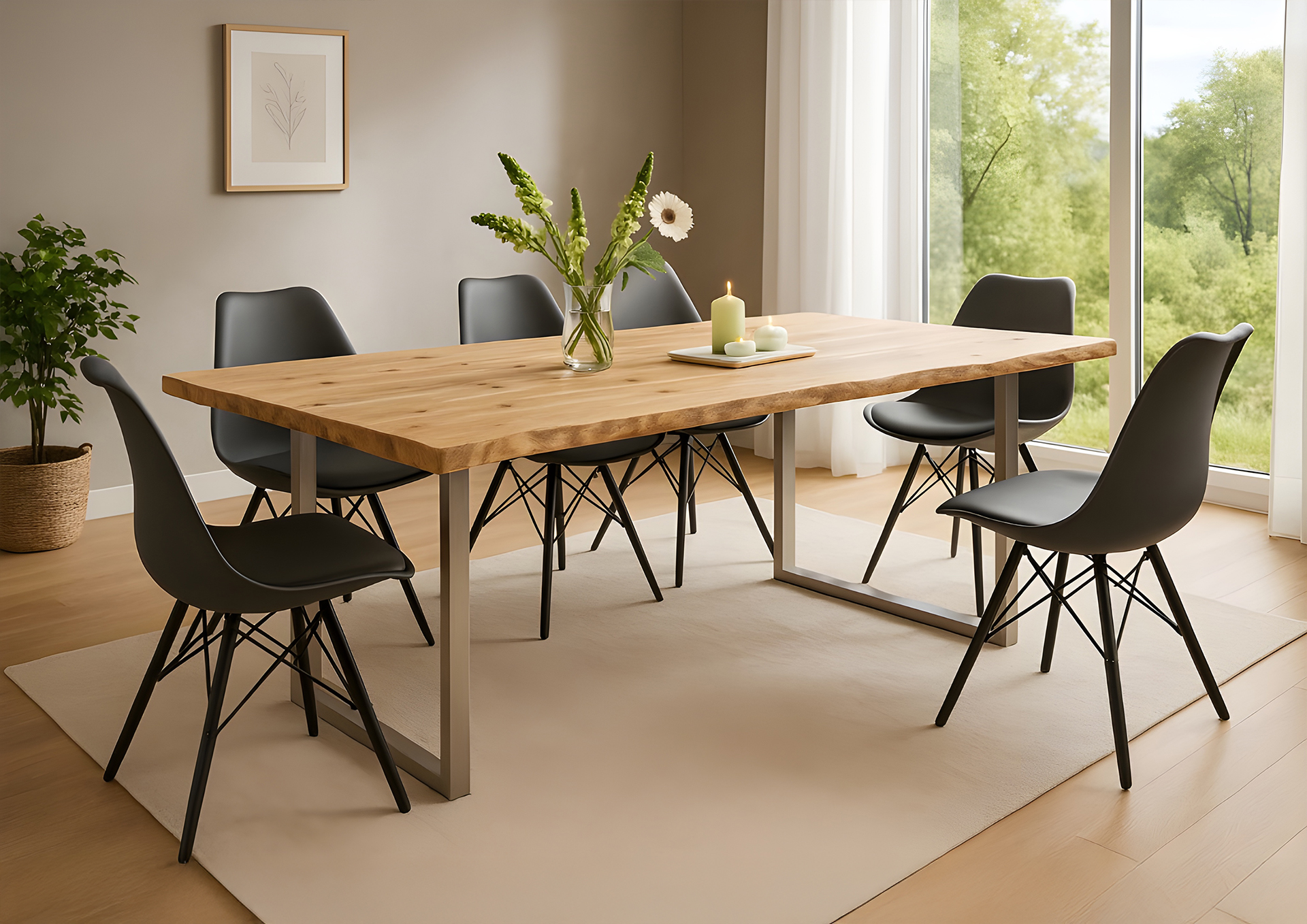 Esstisch Baumkante Akazie naturfarben 120 x 80 cm U-Gestell silber HARLEY