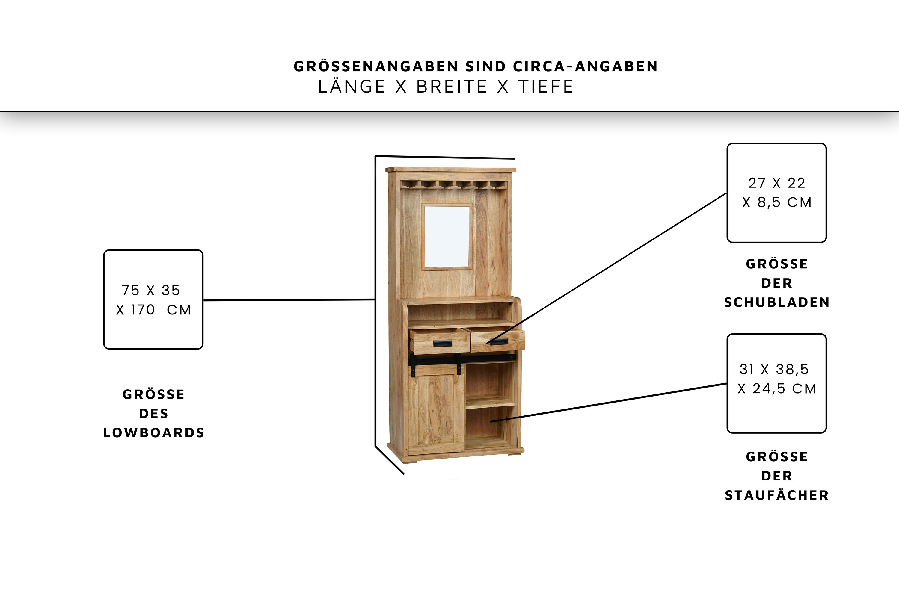 Weinschrank 75 x 35 x 170 cm Akazienholz massiv naturfarben ohne Baumkante LIAN 1