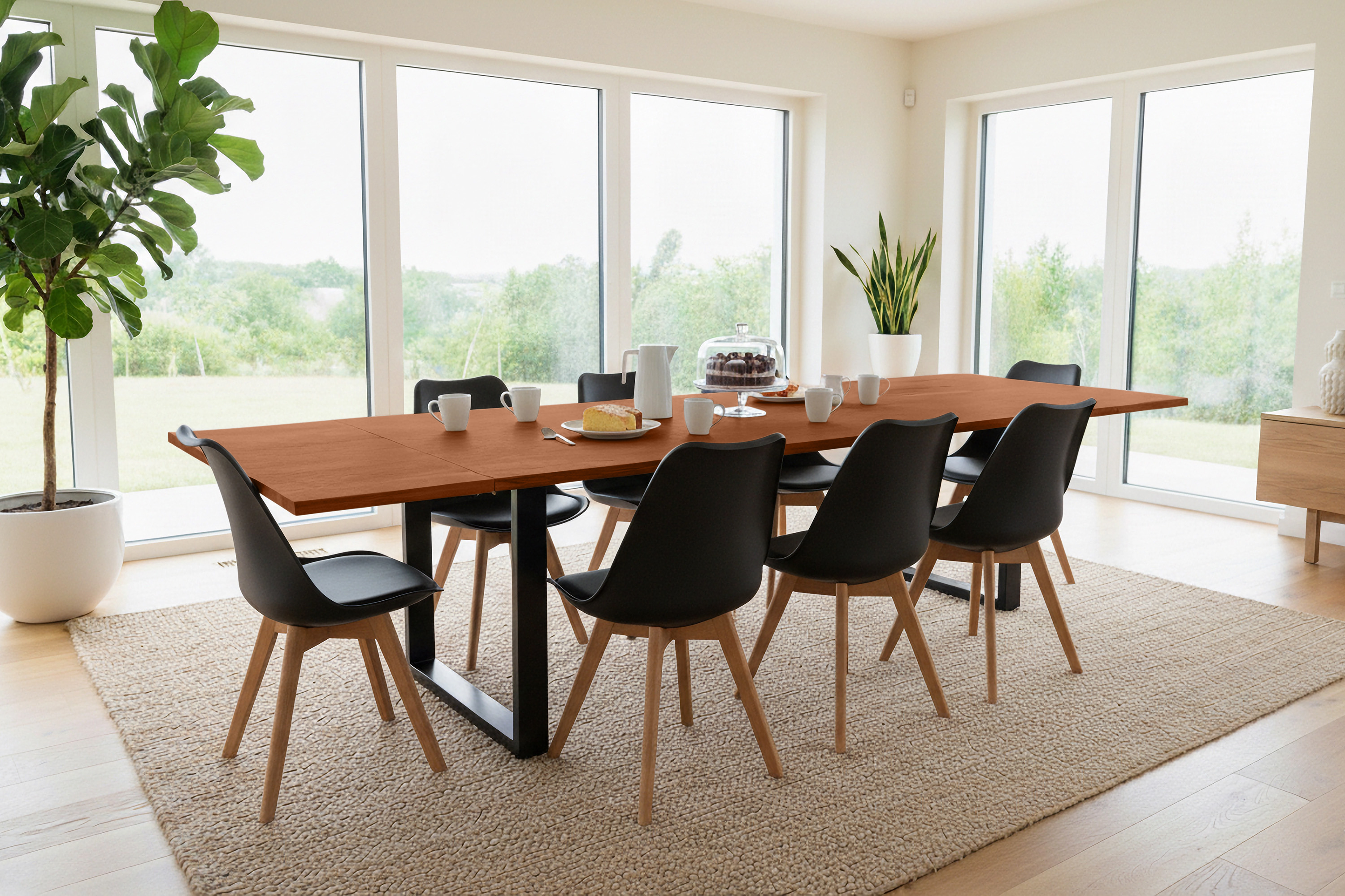 Esstisch Baumkante Akazie nuss 220(320)x100 Ansteckplatten U-Gestell schwarz AVINO