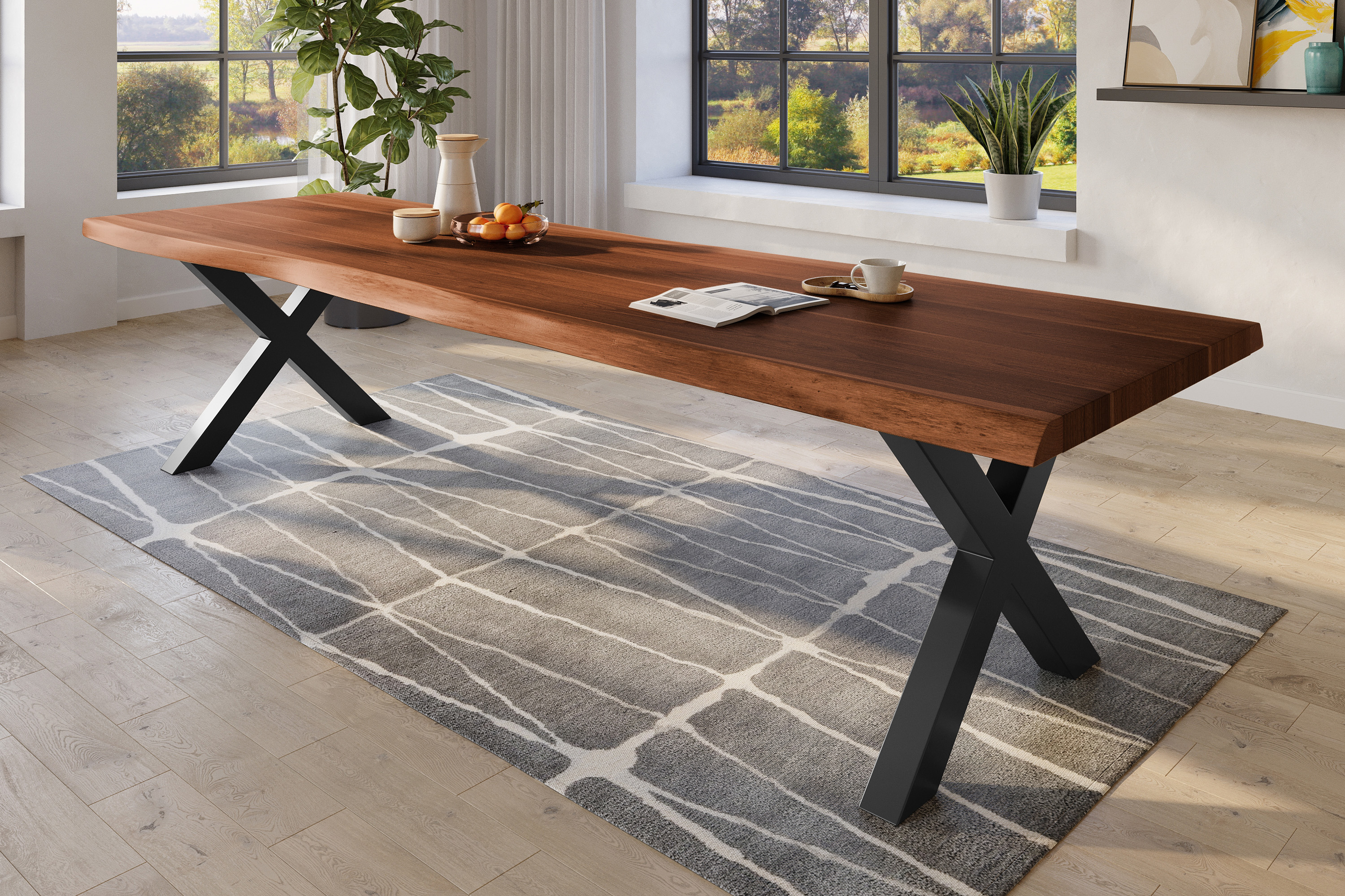 Esstisch Baumkante massiv Akazie nussbaumfarben 300 x 120 X-Gestell Metall schwarz TITAN