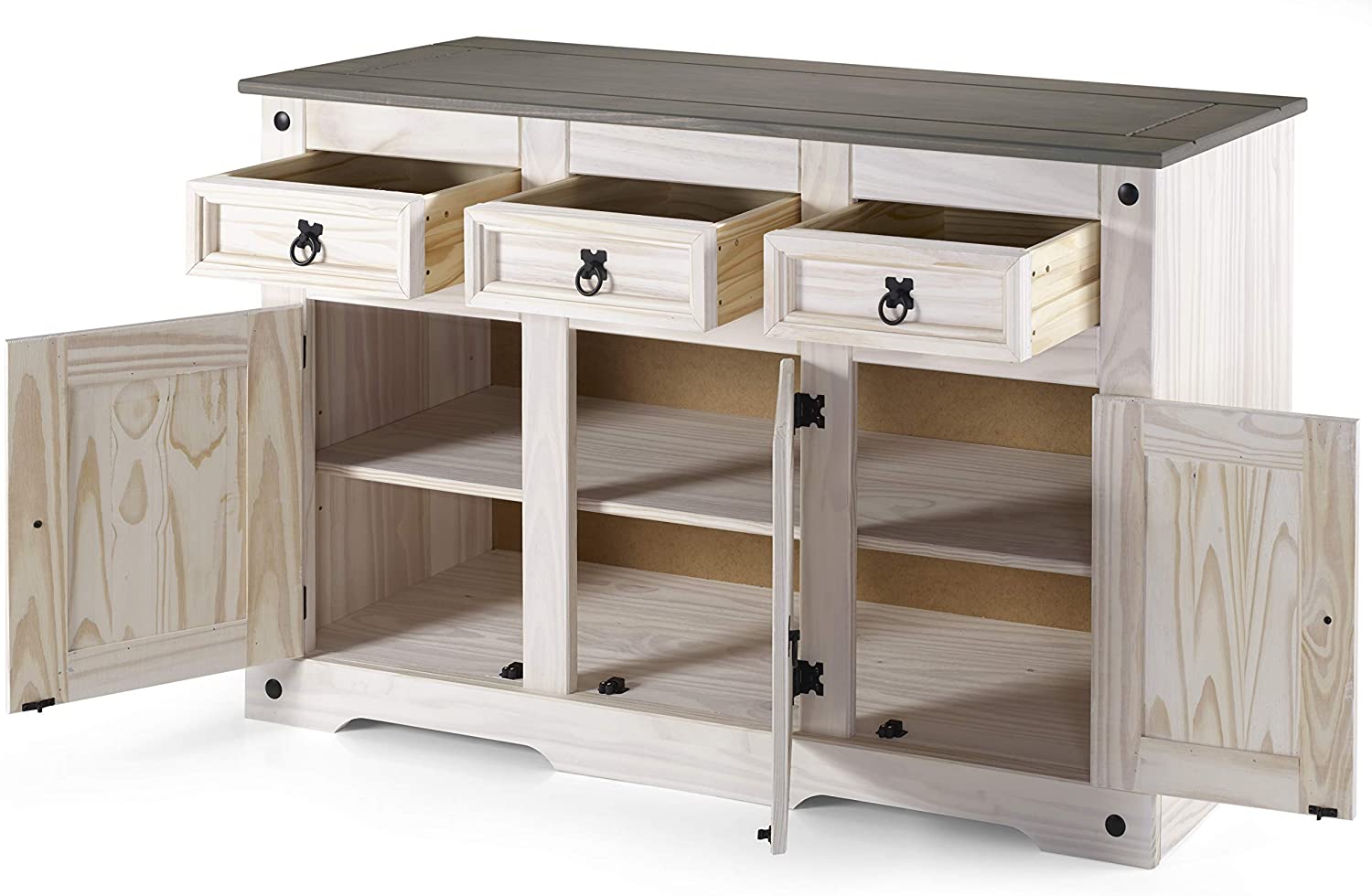  Sideboard Kommode 132 x 84 x 44 cm Pinienholz weiß grau lasiert MEXICO