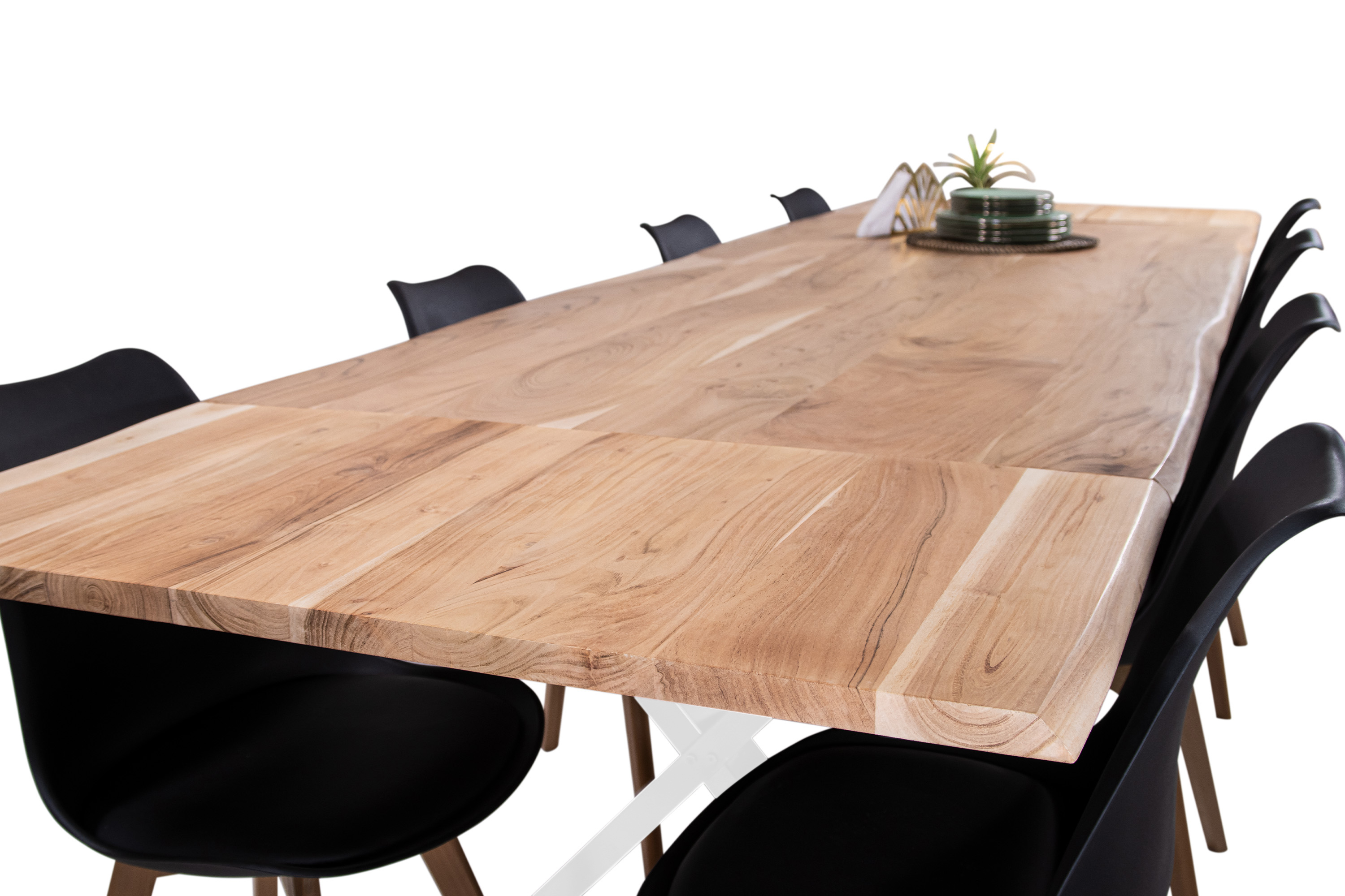 Esstisch Baumkante Akazie natur 200(300)x100 Ansteckplatten X-Gestell weiß AVINO