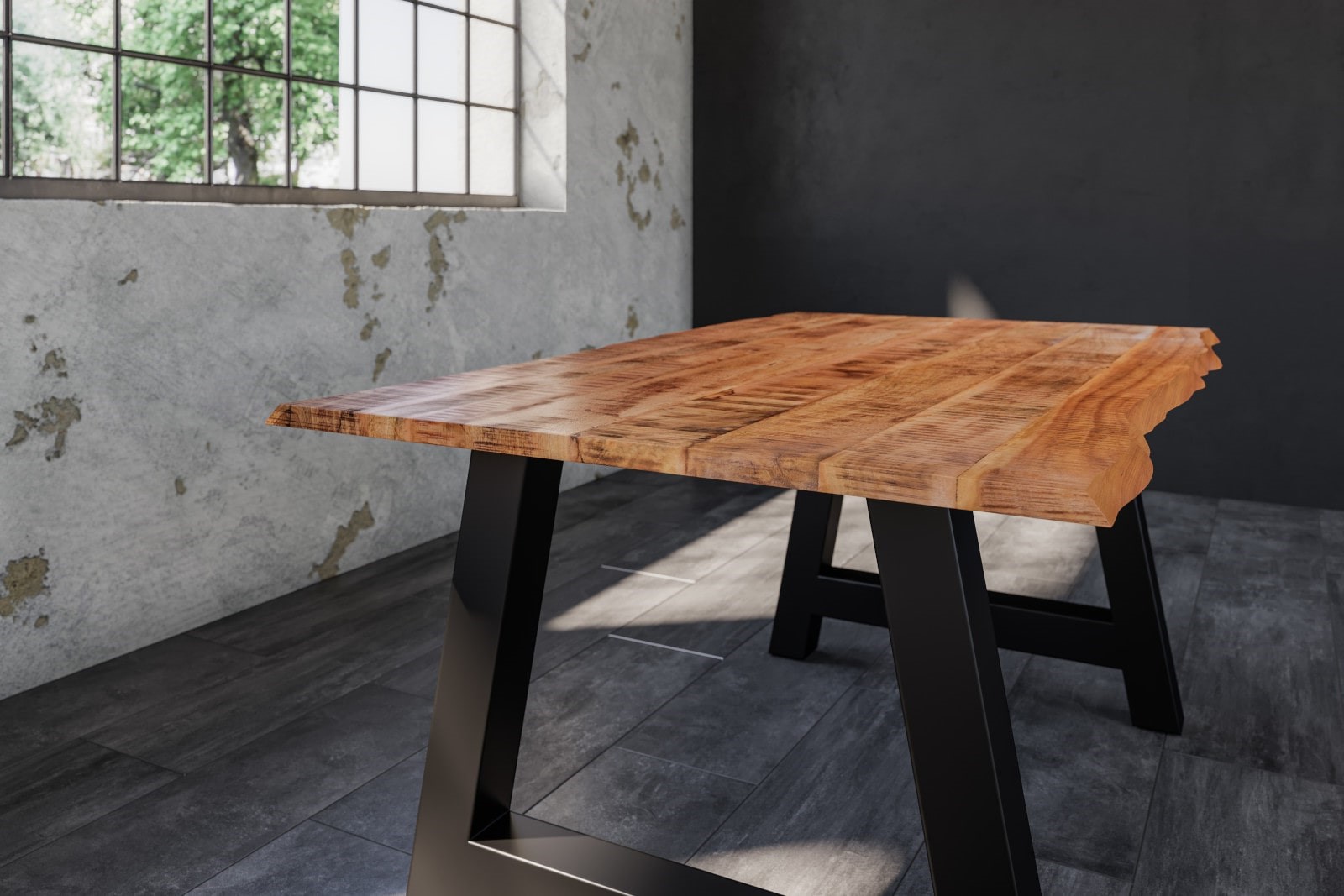 Esstisch Baumkante Massiv Mango naturfarben 160 x 85 schwarz A-Gestell DORA