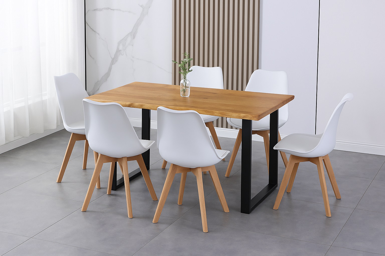 Essgruppe Baumkante massiv 160 x 85 cm Holz Wildeiche-Optik U-Gestell schwarz & 6 Stühle weiß JOSY