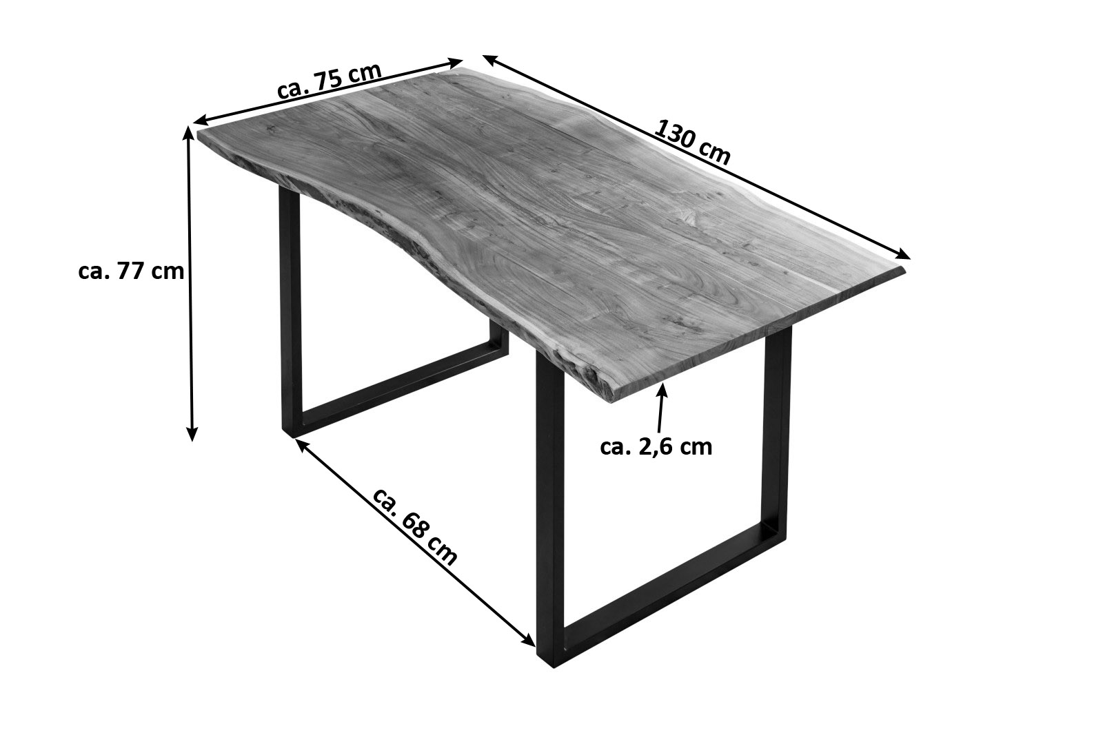 Esstisch Baumkante massiv Akazie naturfarben 130 x 75 cm schwarz U-Gestell BILLY