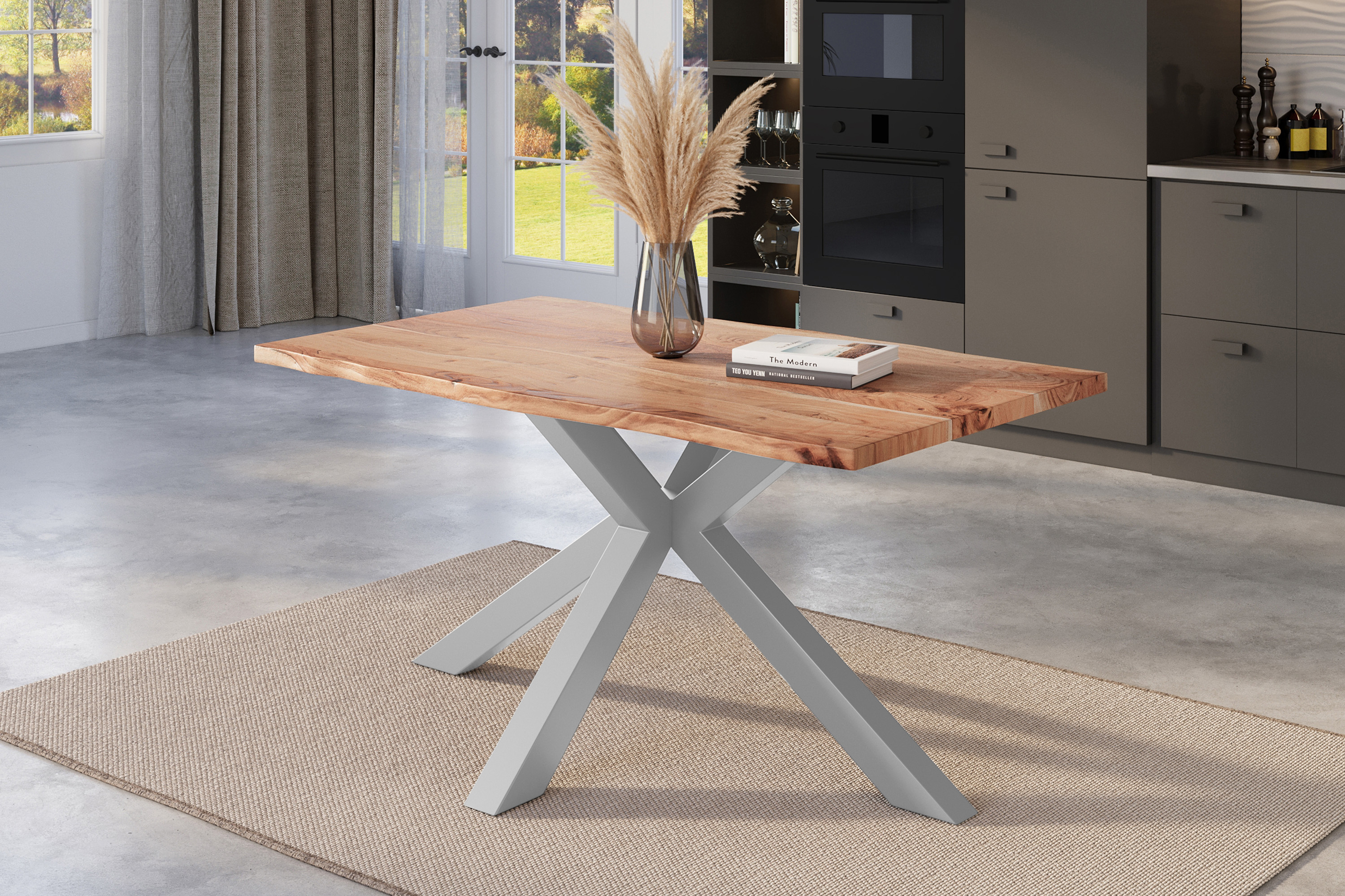 Esstisch Baumkante massiv Akazie natur 140 x 80 cm Spider-Gestell silber Kalea