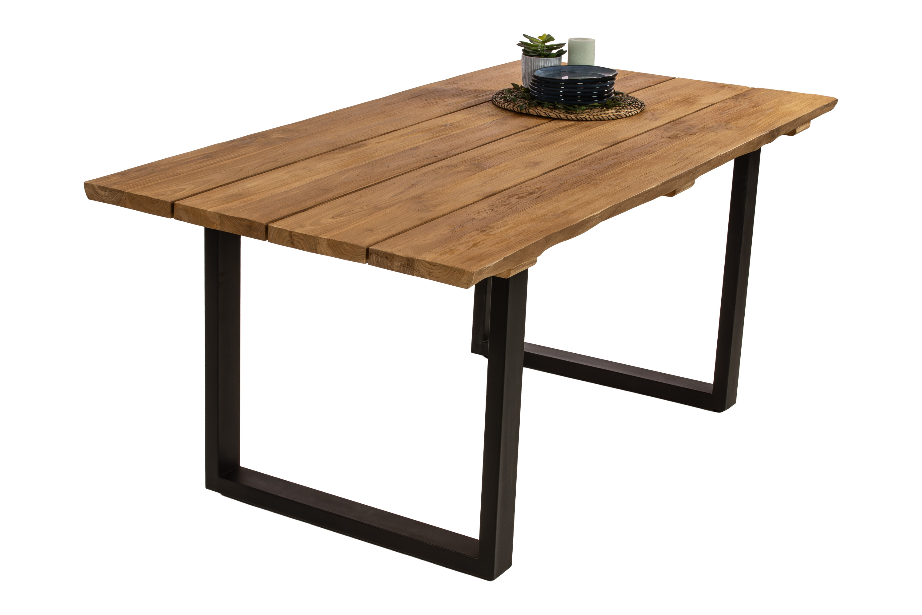 Gartentisch Outdoor massiv Teakholz 180 x 90 U-Gestell Metall schwarz BOGOTA
