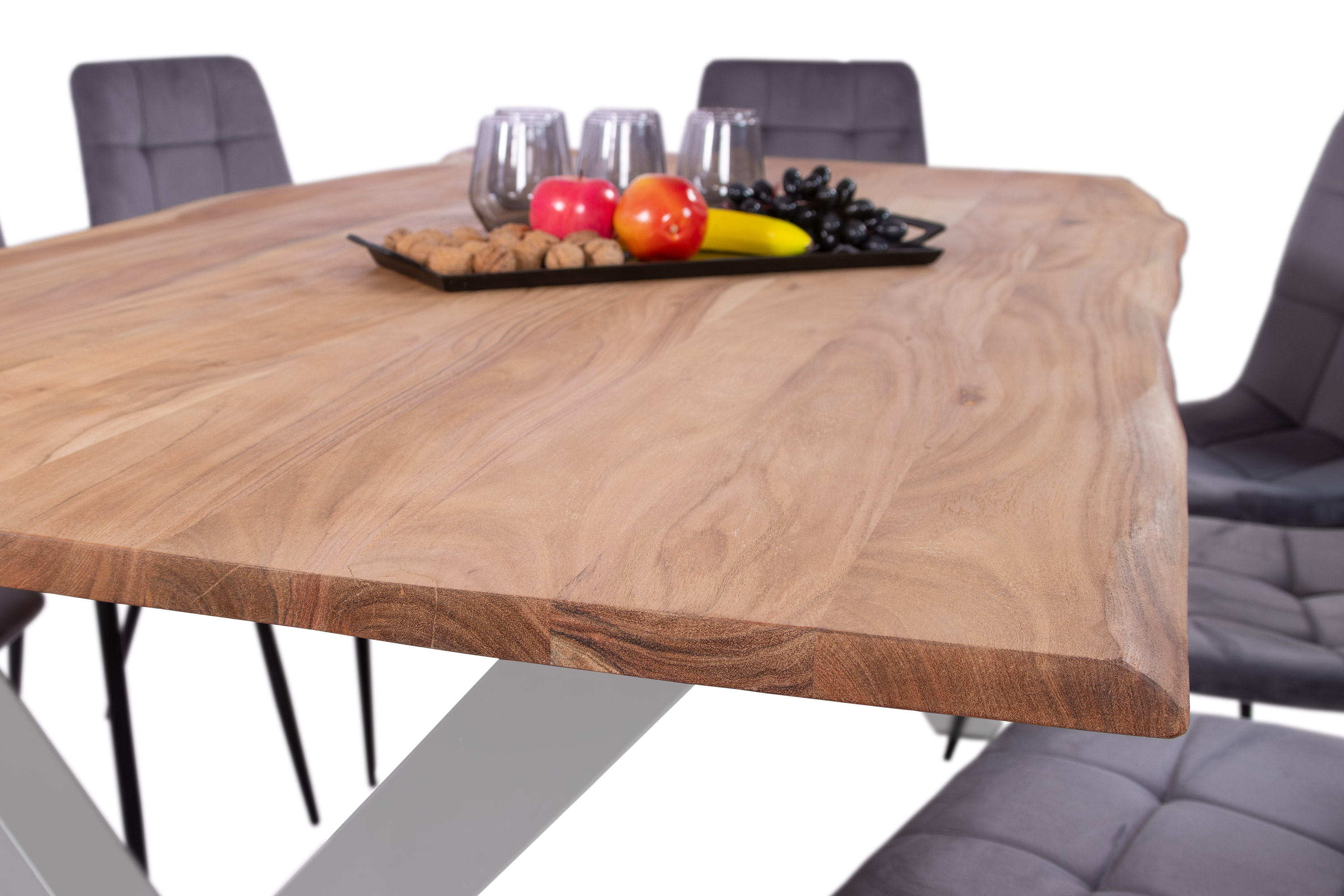Esstisch Baumkante massiv Akazie eichefarben 160 x 85 cm X-Gestell silber DEREK