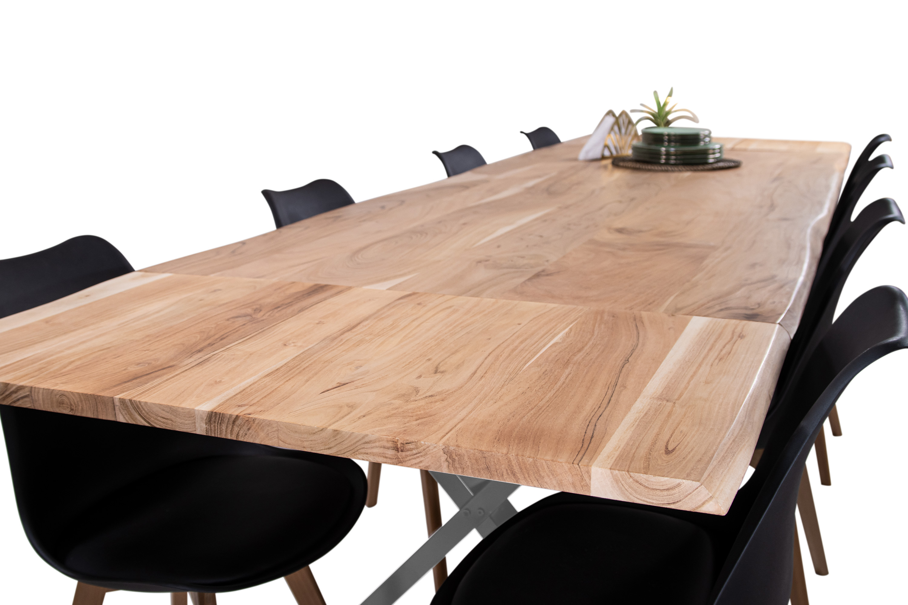 Esstisch Baumkante Akazie natur 220(320)x100 Ansteckplatten X-Gestell silber AVINO