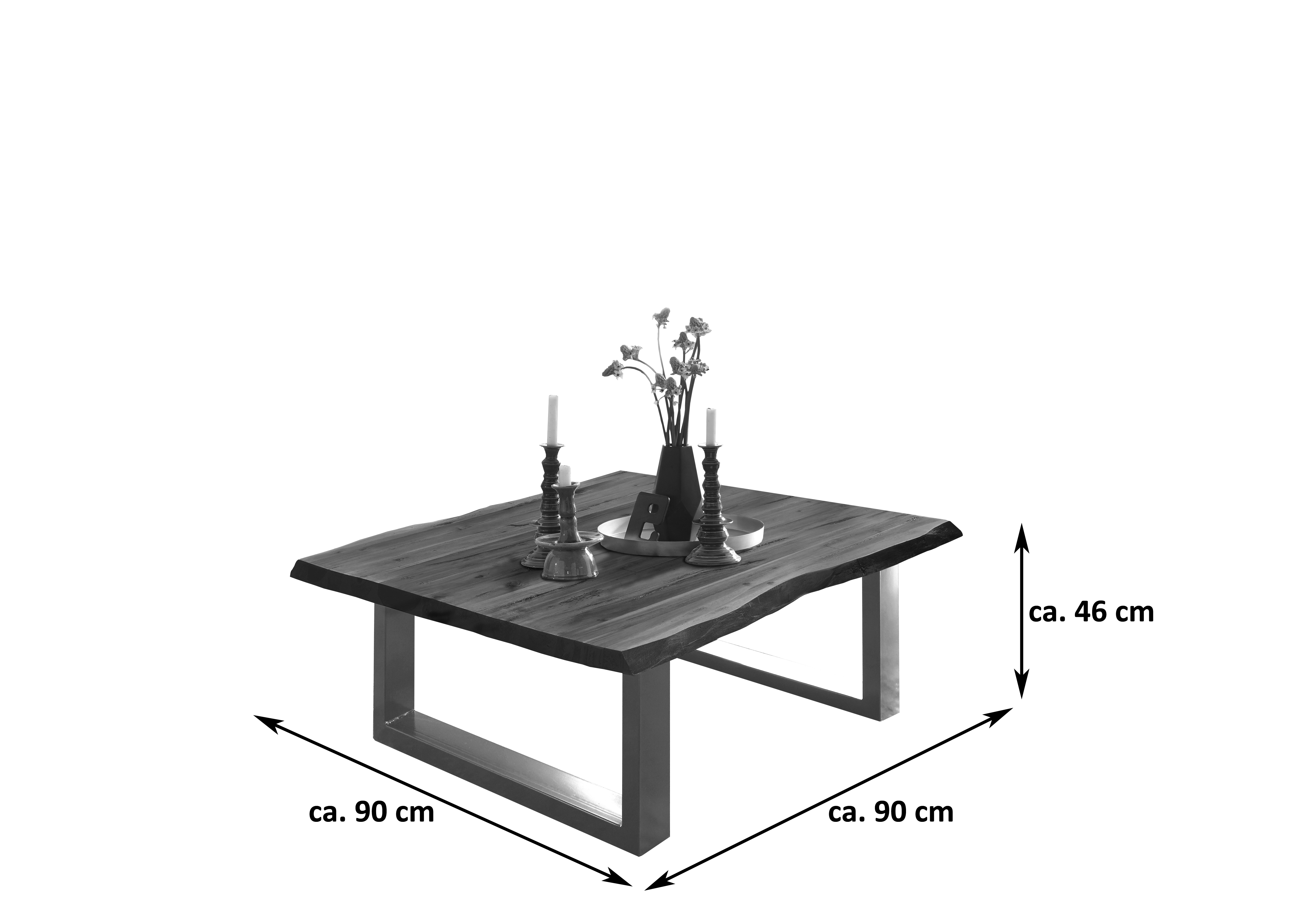  Couchtisch Baumkante massiv Akazie nussbaum 90 x 90 schwarz NOAH