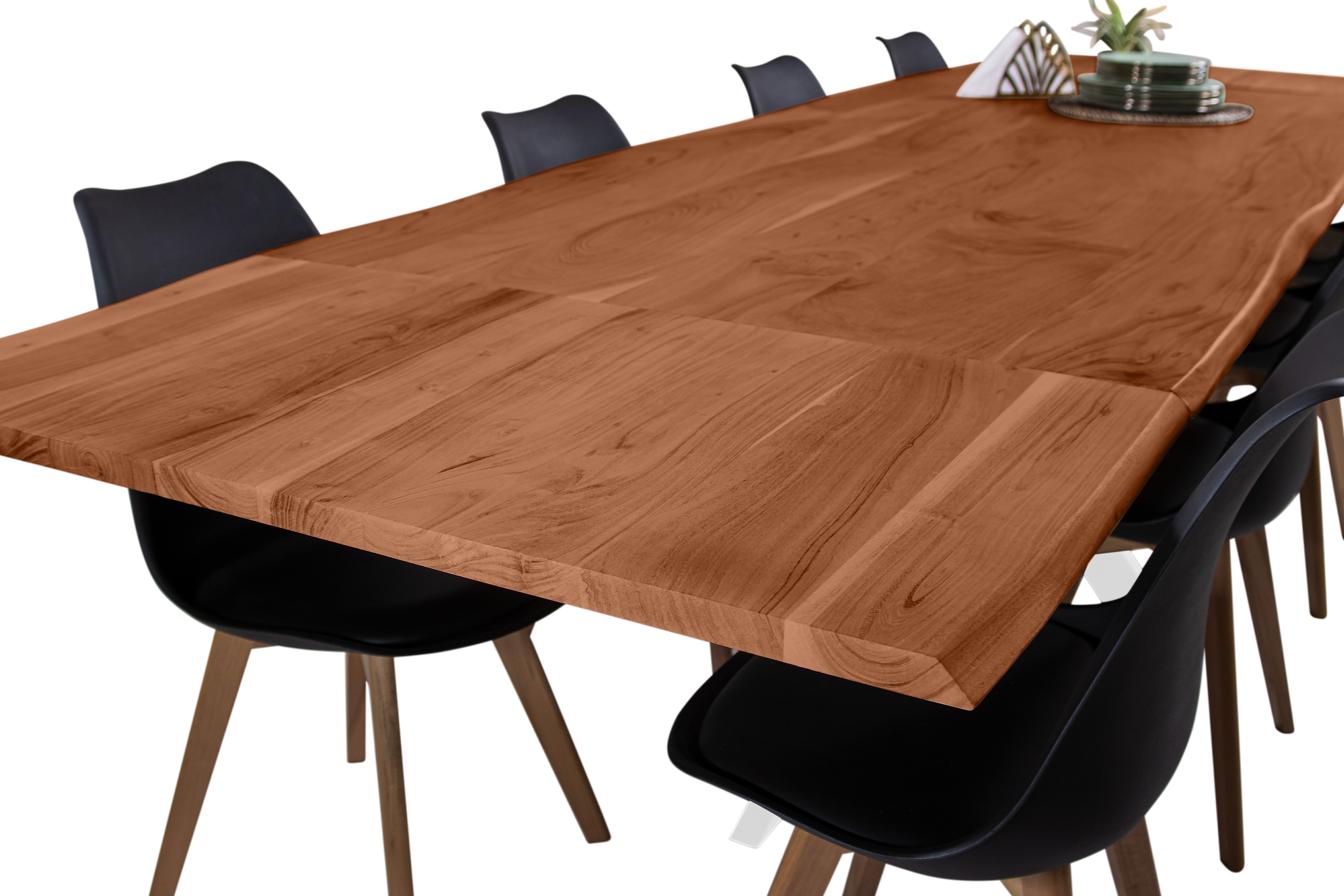 Esstisch Baumkante Akazie nuss 200(300)x100 Ansteckplatten Spider-Gestell weiß AVINO