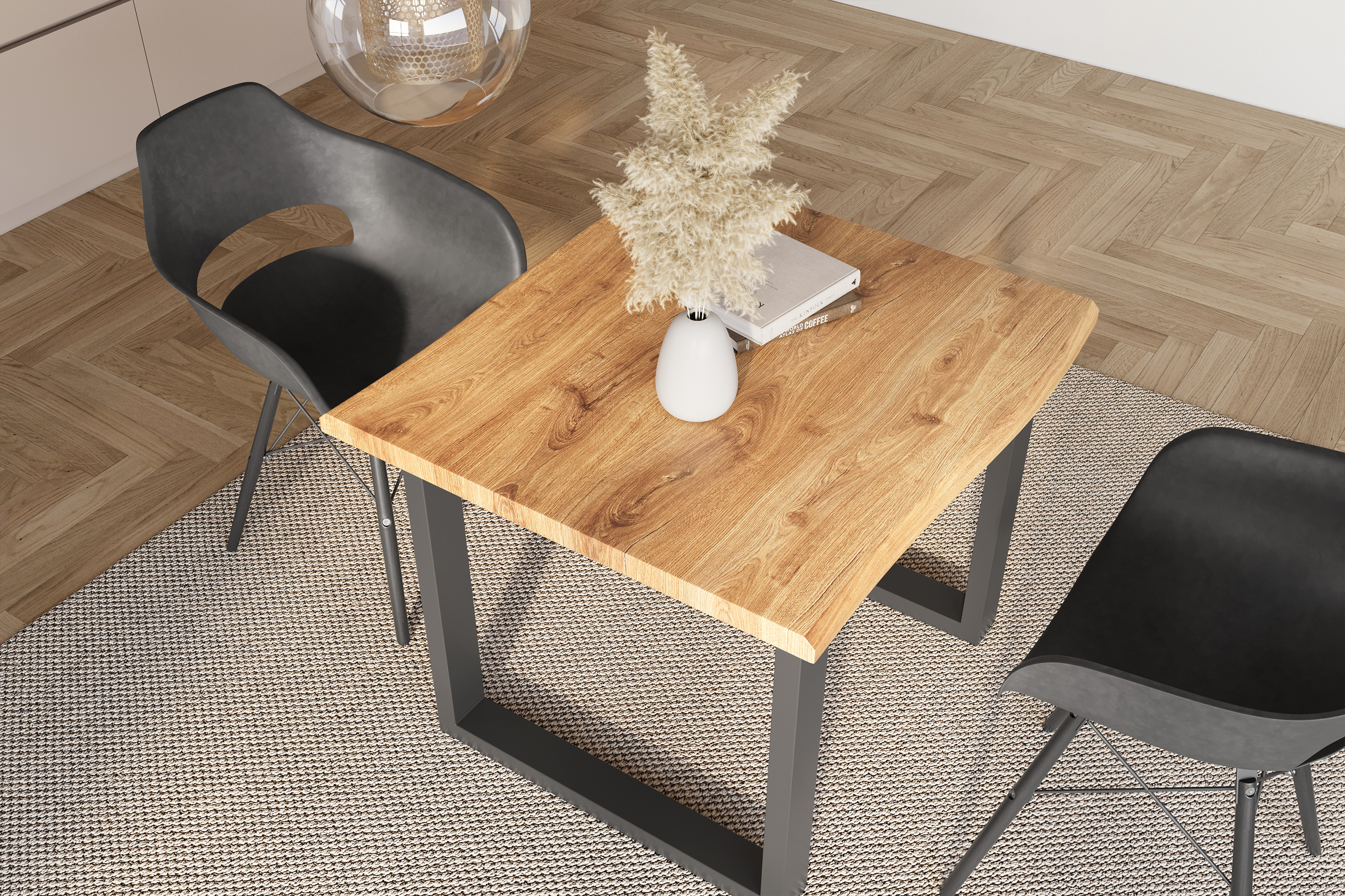 Esstisch Baumkante Holz-Optik Wildeiche 80 x 80 U-Gestell schwarz JULIUS