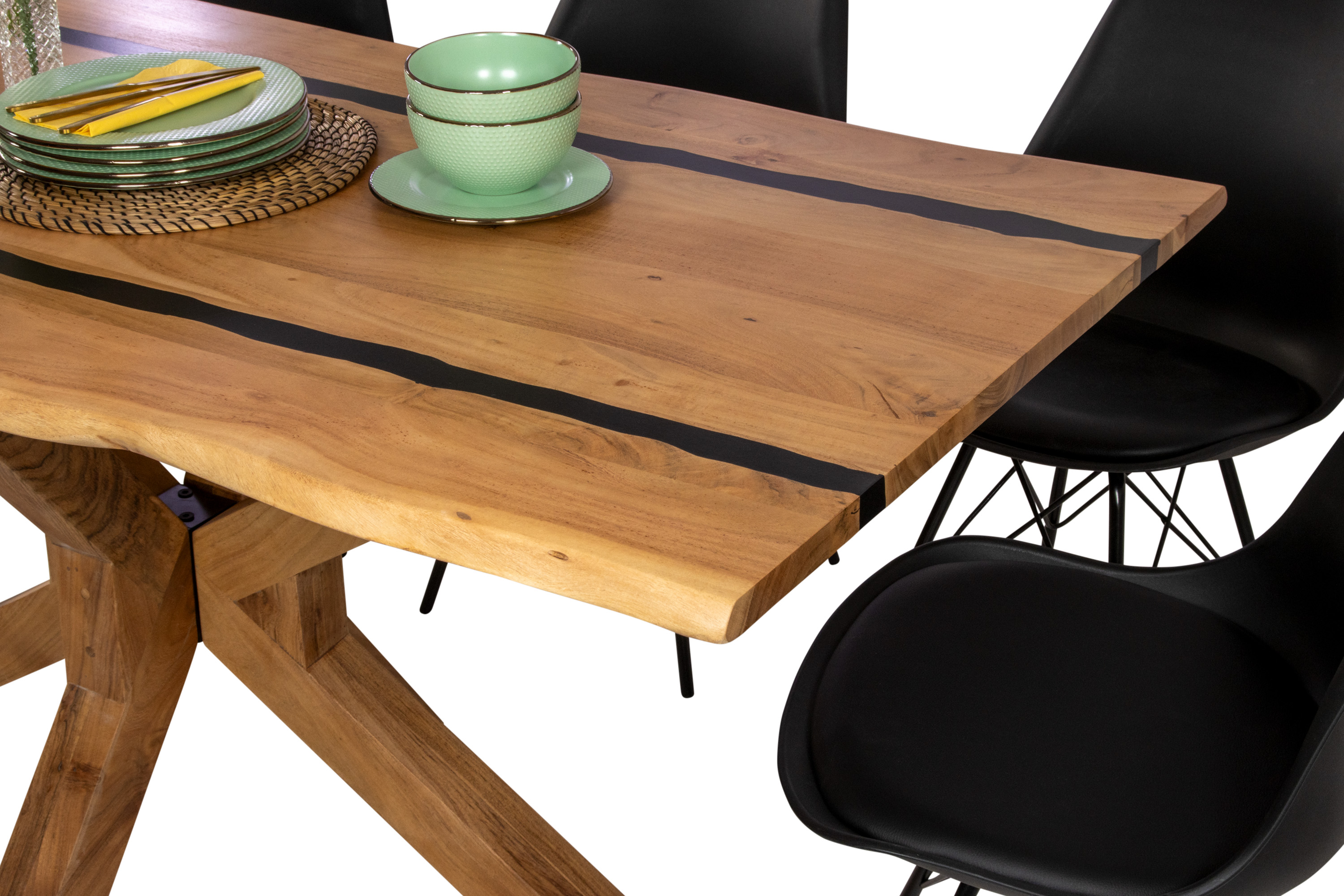 Esstisch 180 x 90 cm Akazie massiv natur mit schwarzen Resin-Adern Spider-Gestell Holz natur PETER